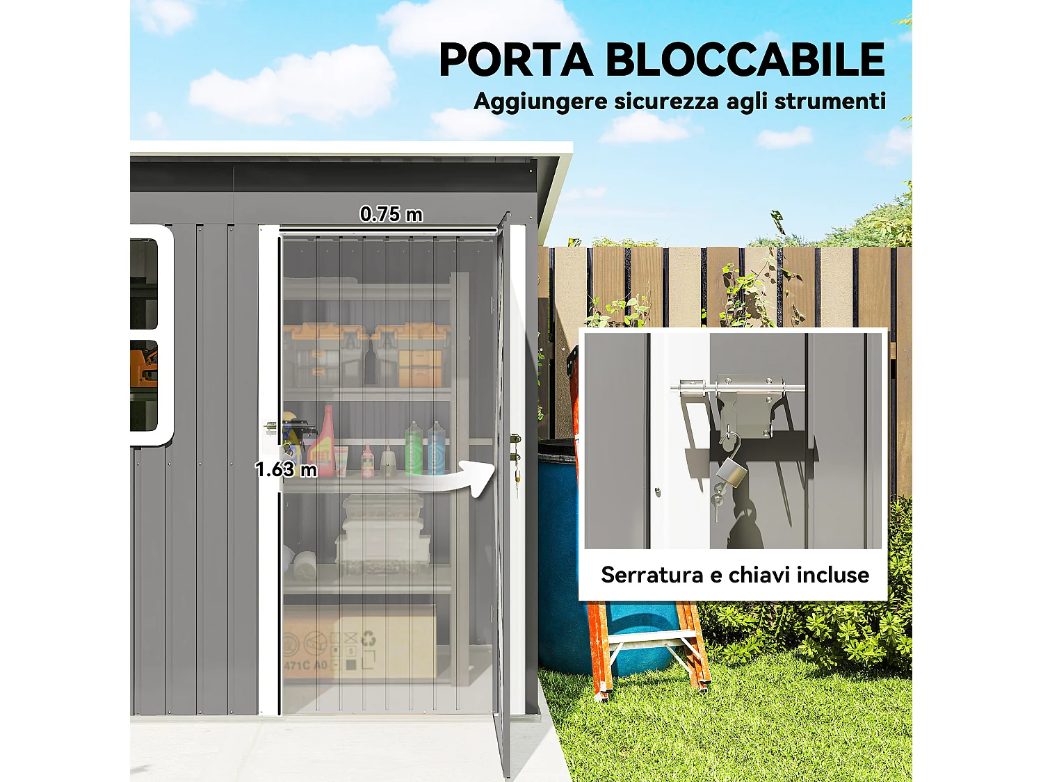 Casetta da giardino con porta bloccabile in acciaio grigio