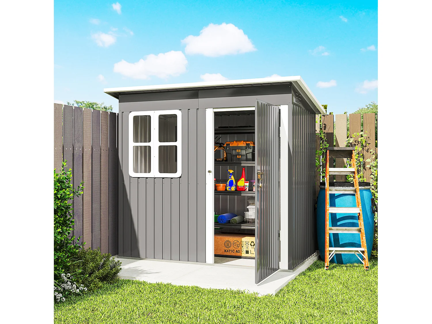 Casetta da giardino con porta bloccabile in acciaio grigio