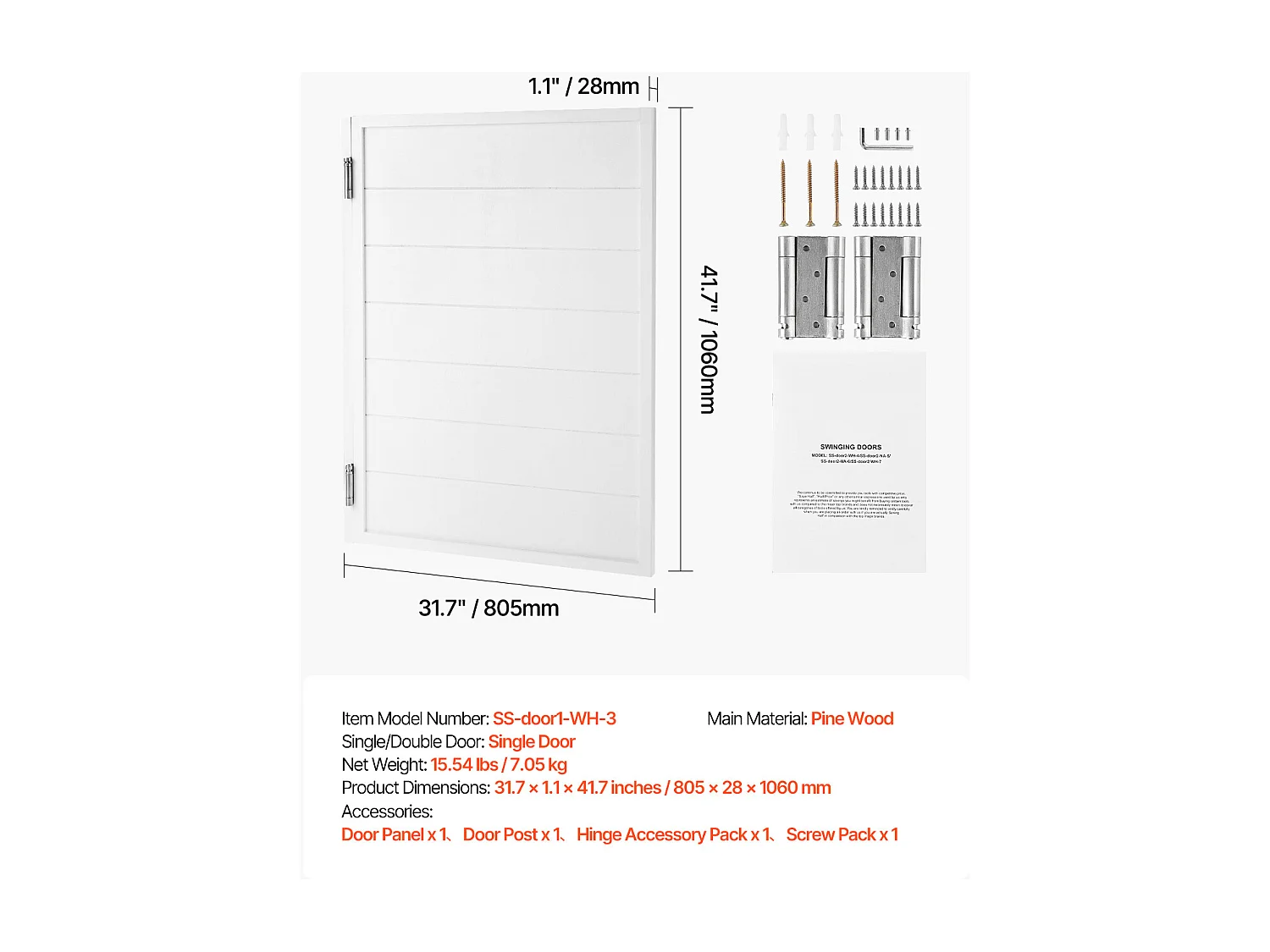 Porte Battante SucceBuy, 80,5x2,8x106 cm, Porte Saloon Simple en Bois de Pin avec Charnières, Quincaillerie, Facile à Installer, Blanc