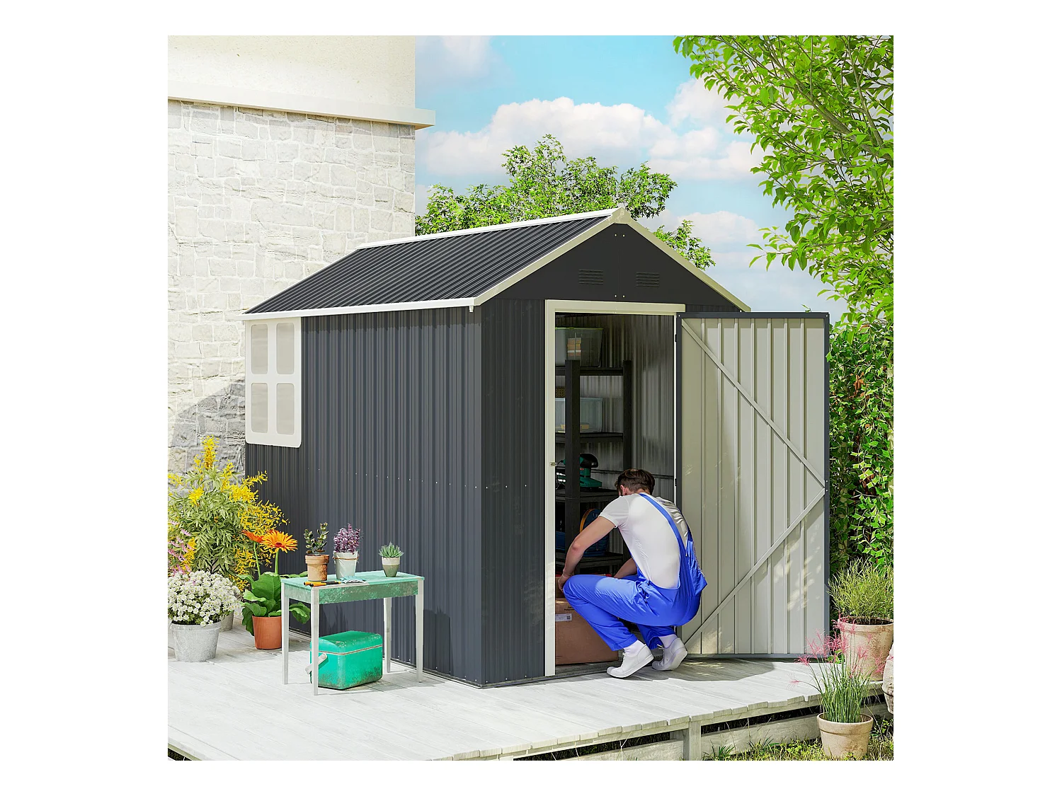 Casetta da giardino porta attrezzi in acciaio zincato pp grigia bianca