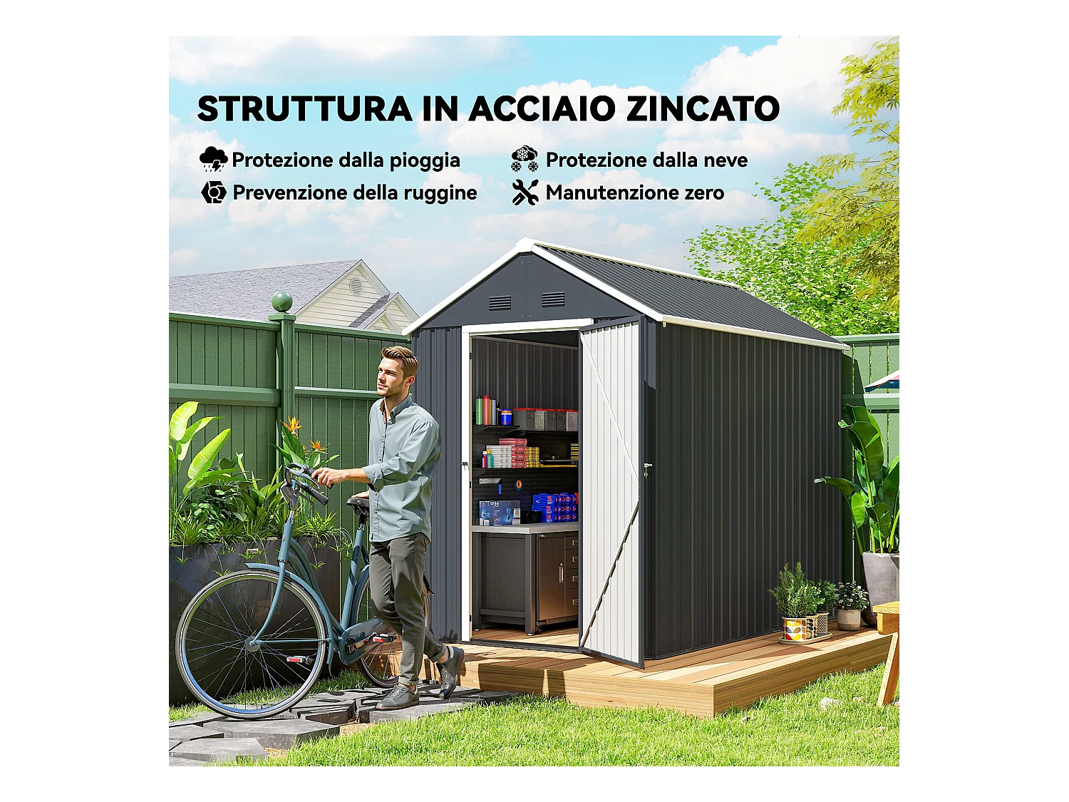 Casetta da giardino porta attrezzi in acciaio zincato pp grigia bianca