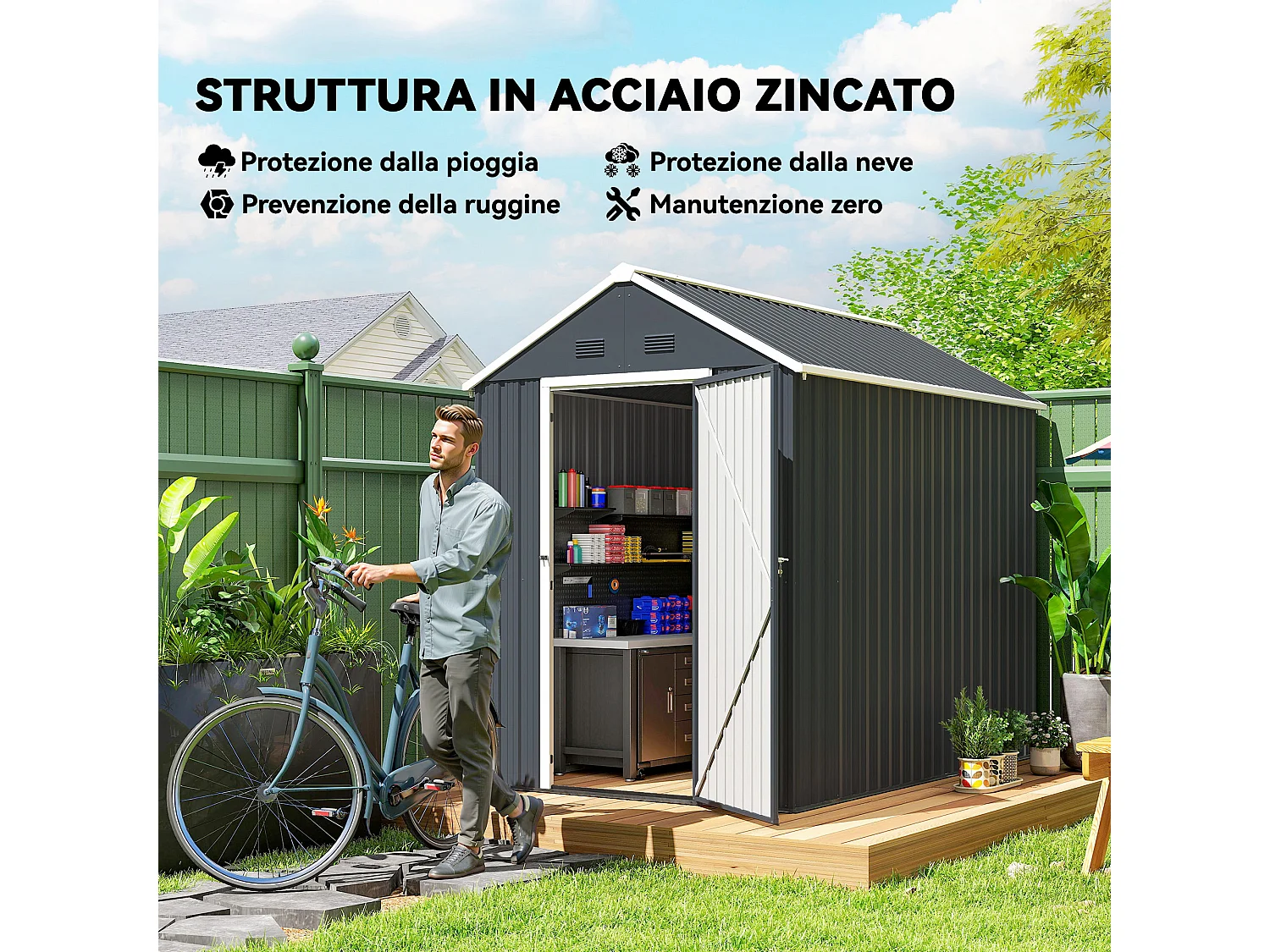 Casetta da giardino porta attrezzi in acciaio zincato pp grigia bianca