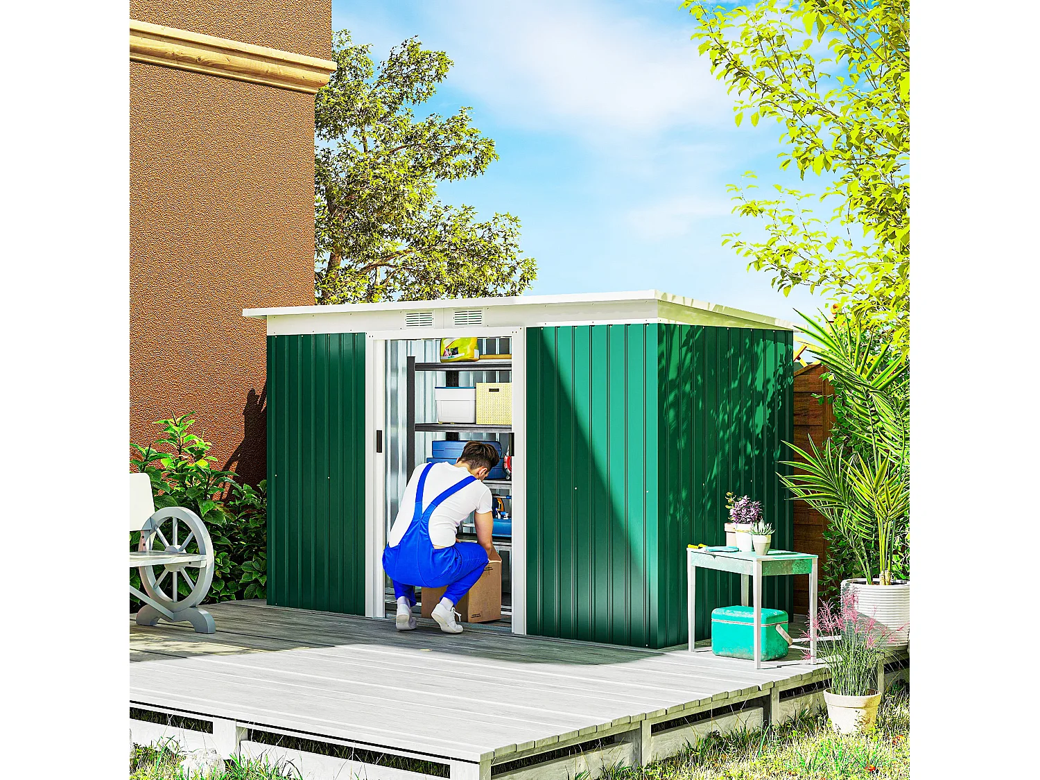 Casetta da giardino in lamiera d'acciaio con porte scorrevoli