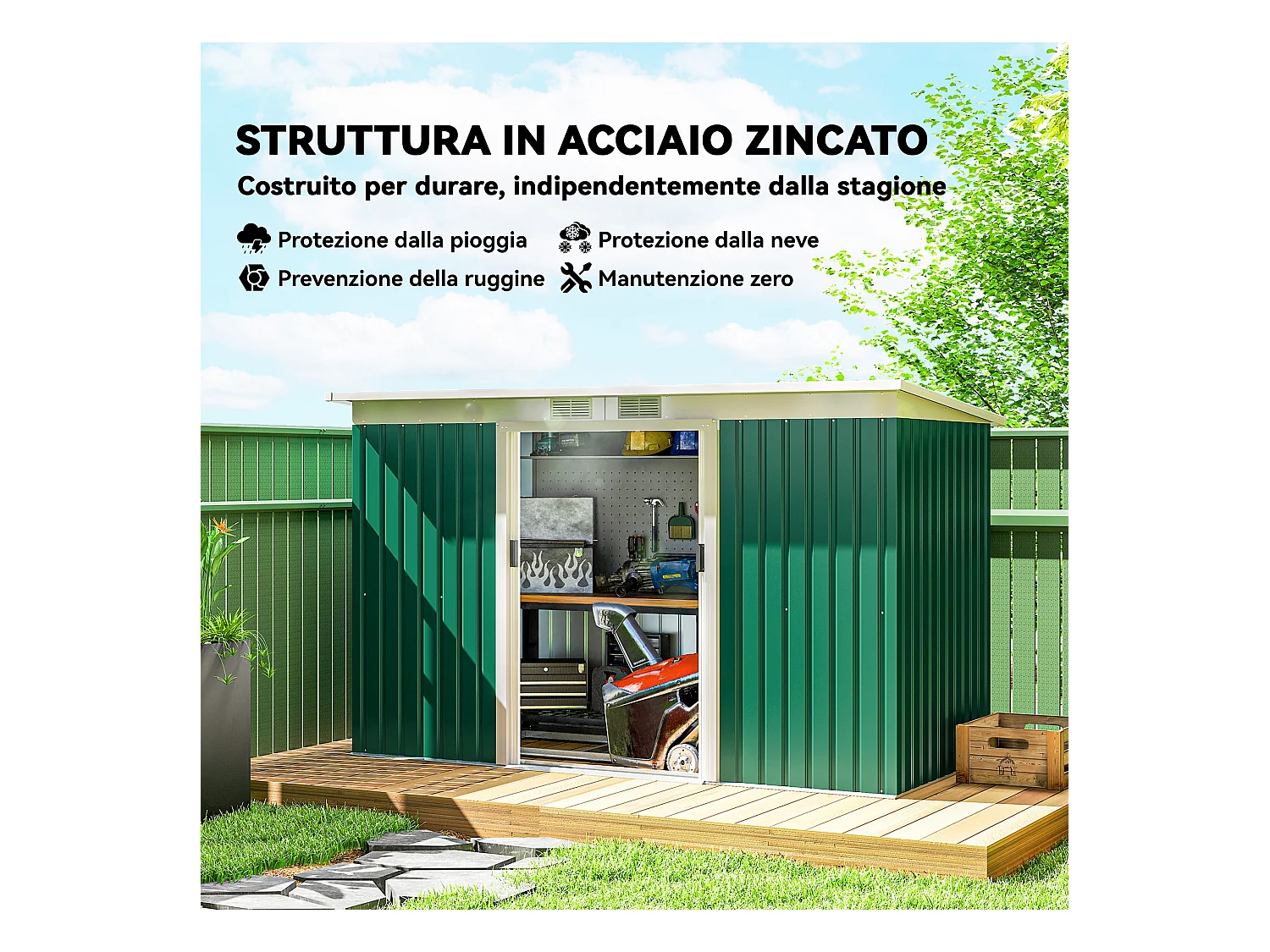 Casetta da giardino in lamiera d'acciaio con porte scorrevoli