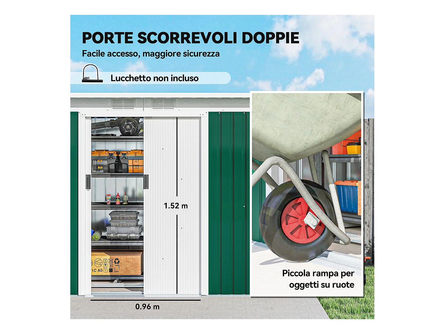 Casetta da giardino in lamiera d'acciaio con porte scorrevoli