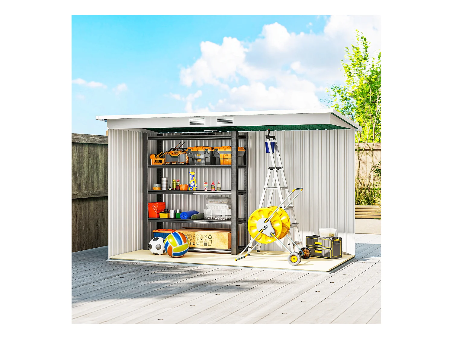 Casetta da giardino in lamiera d'acciaio con porte scorrevoli