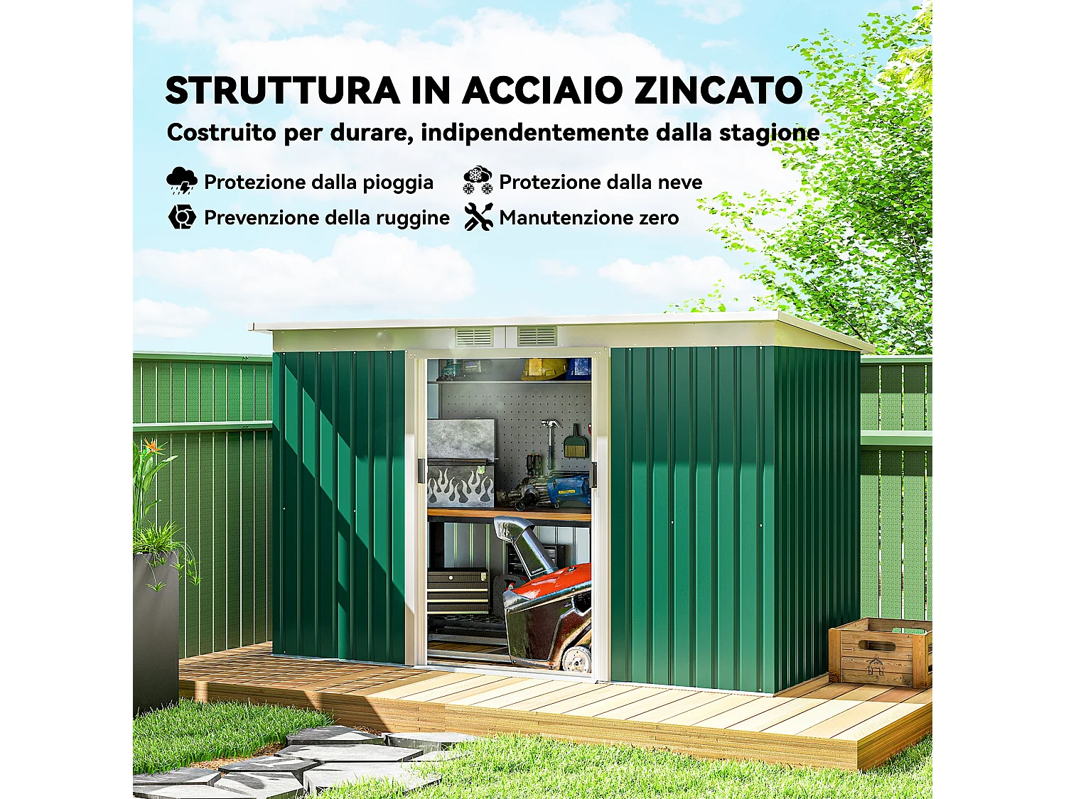 Casetta da giardino in lamiera d'acciaio con porte scorrevoli