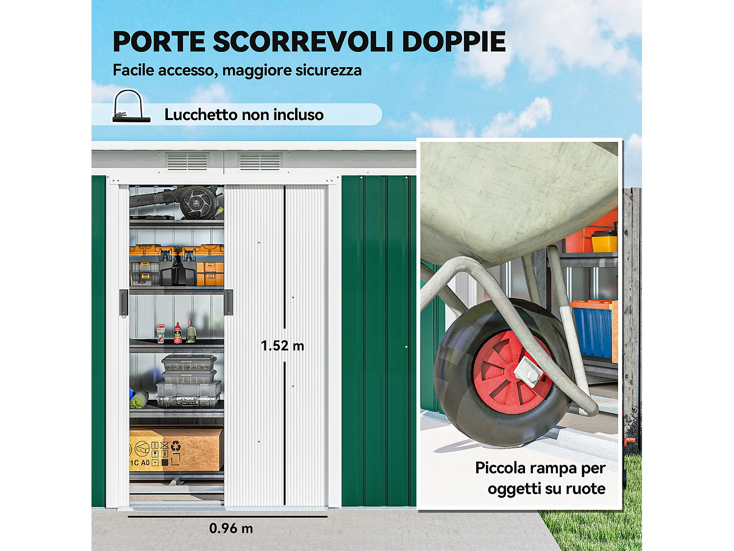 Casetta da giardino in lamiera d'acciaio con porte scorrevoli