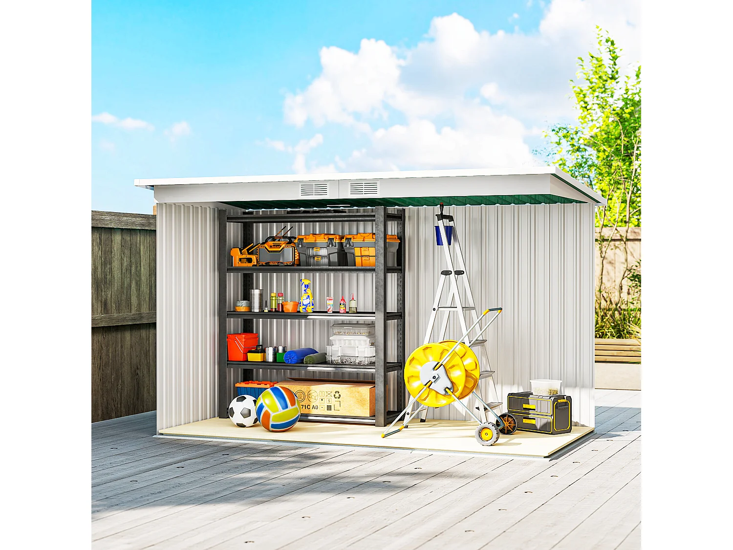 Casetta da giardino in lamiera d'acciaio con porte scorrevoli