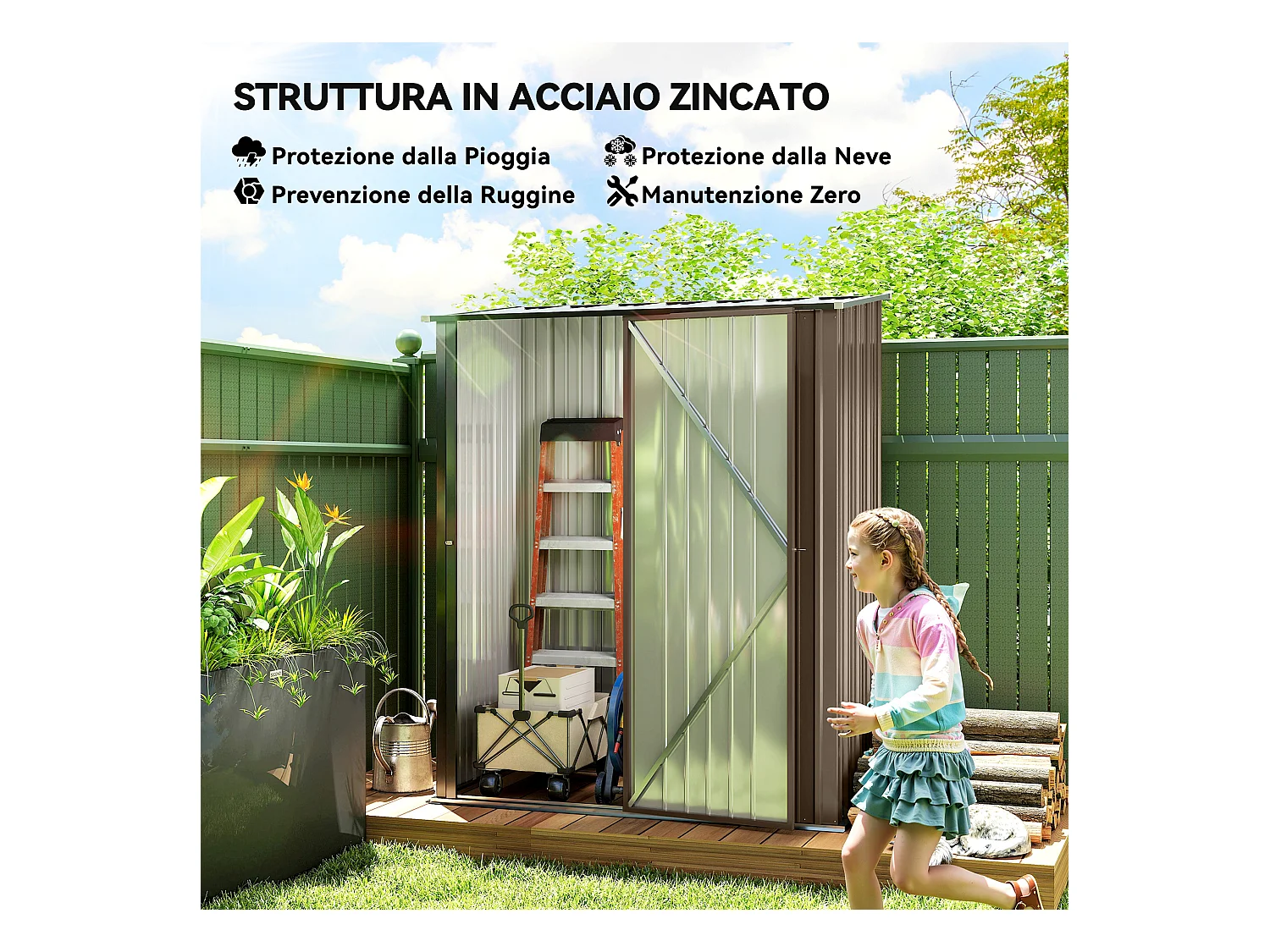 Casetta da giardino per attrezzi in acciaio marrone