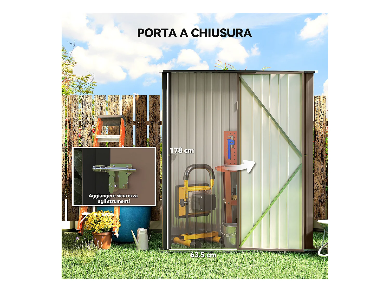 Casetta da giardino per attrezzi in acciaio marrone