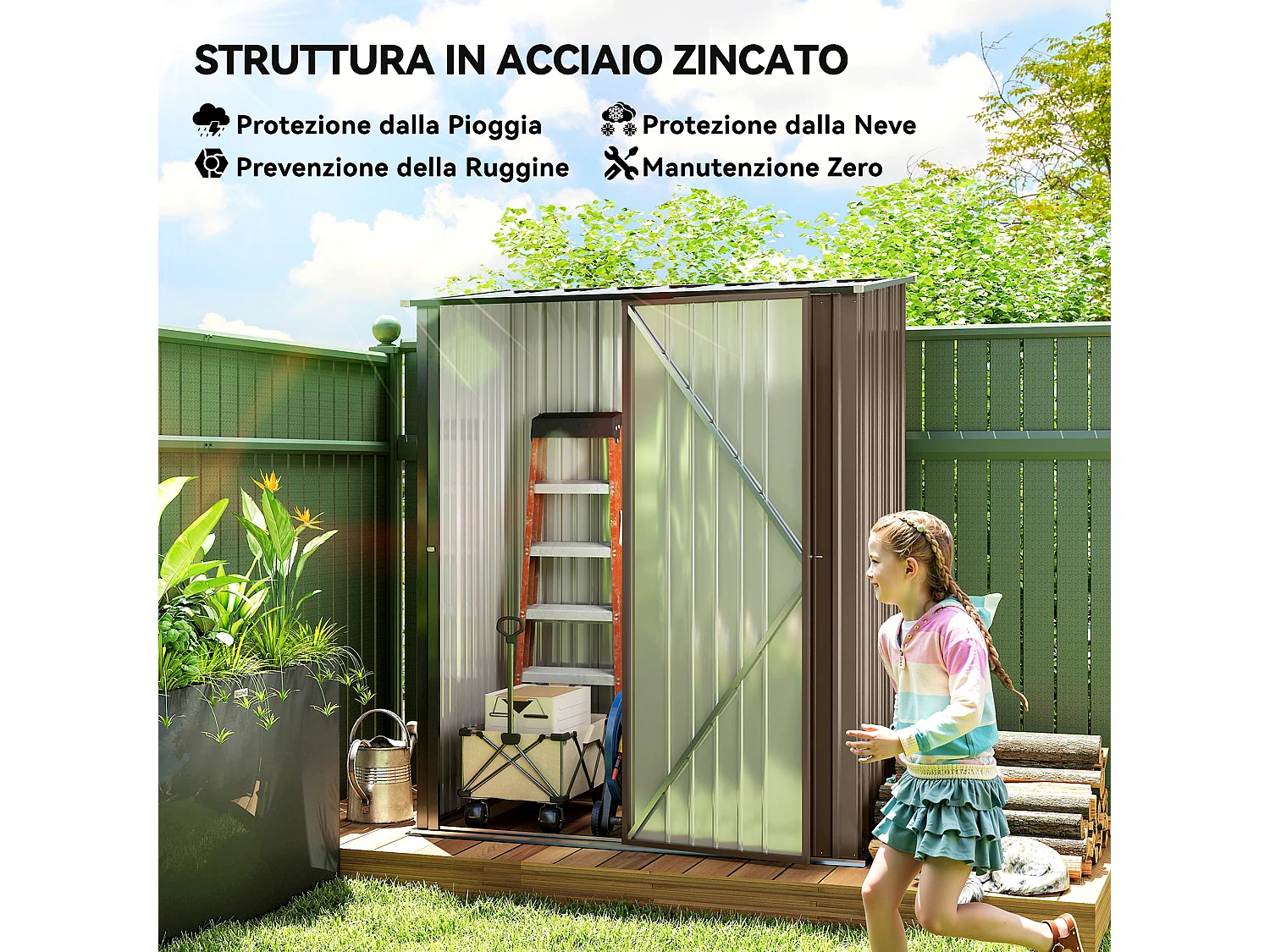 Casetta da giardino per attrezzi in acciaio marrone