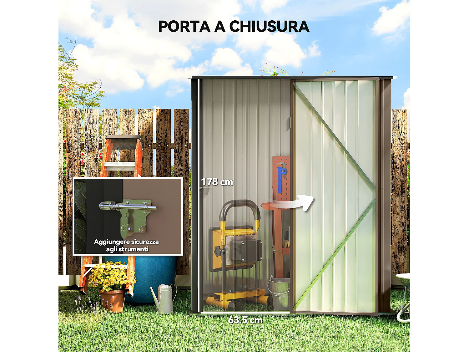 Casetta da giardino per attrezzi in acciaio marrone