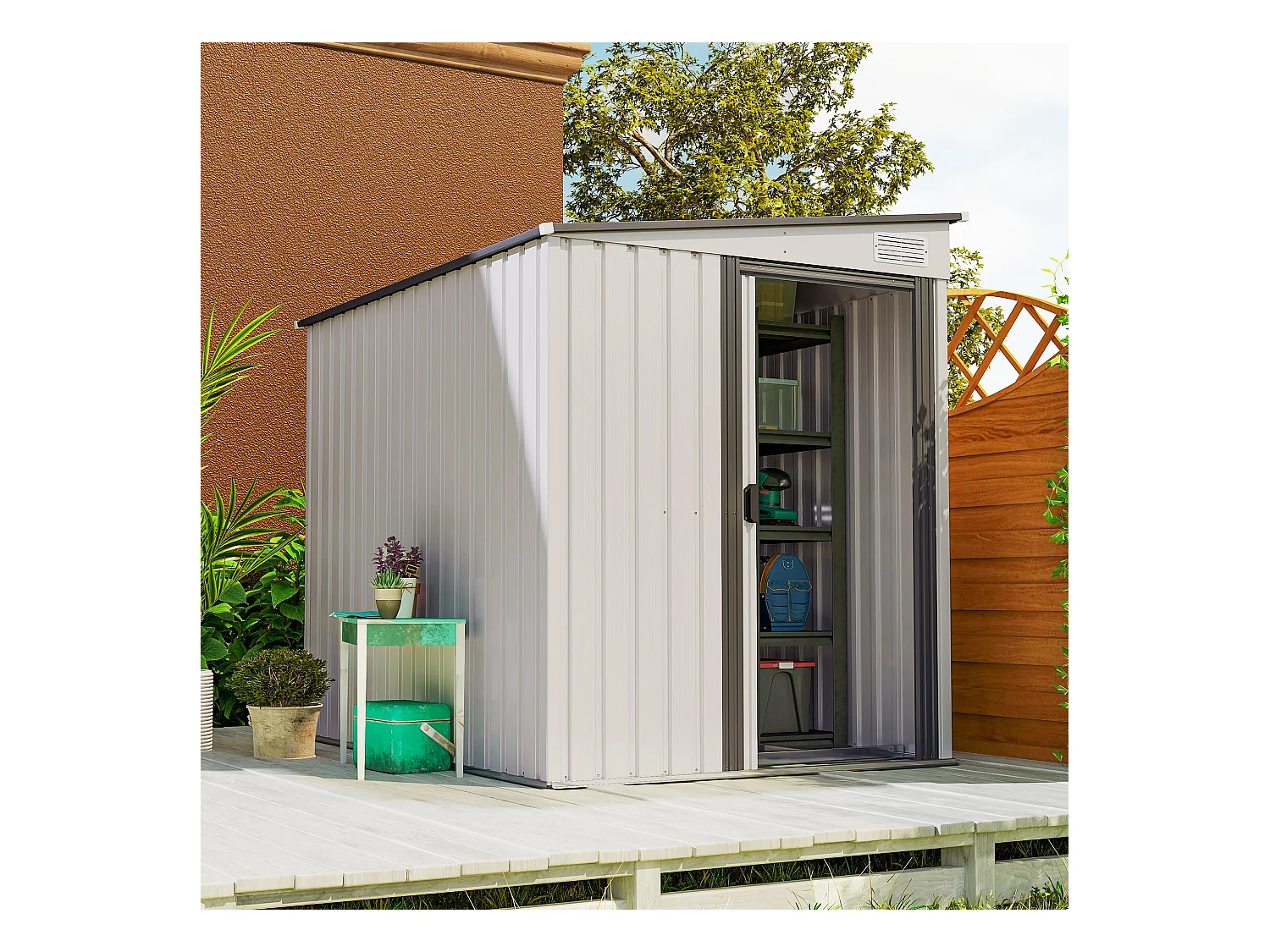 Casetta porta attrezzi in metallo con porta scorrevole bianco