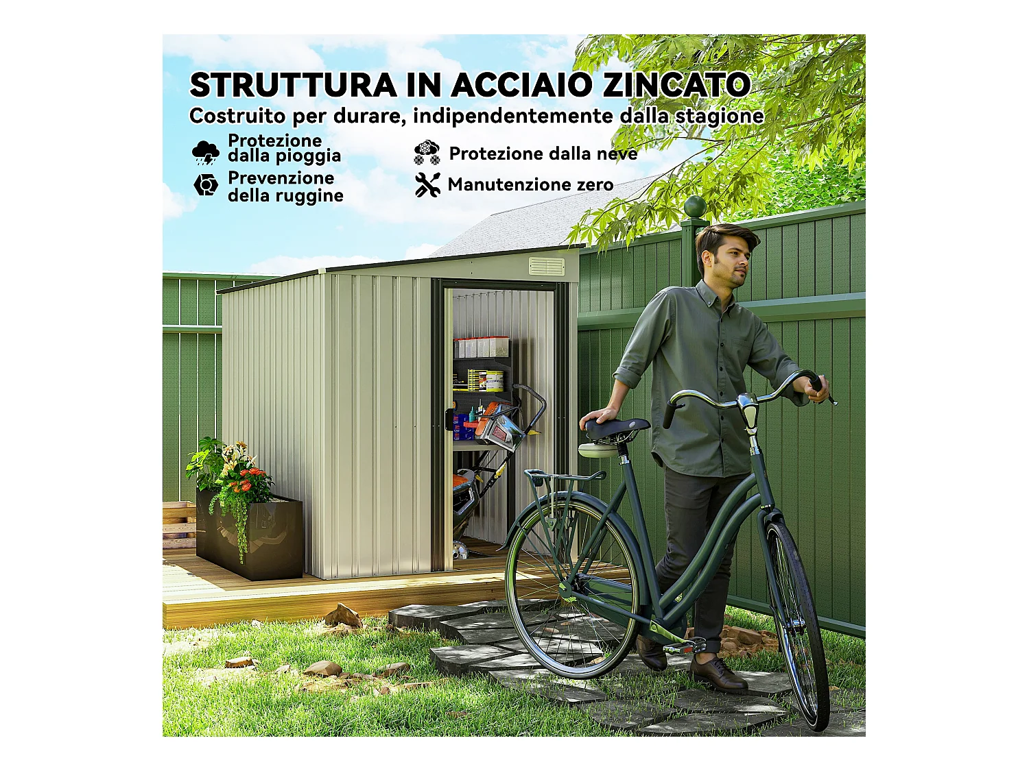 Casetta porta attrezzi in metallo con porta scorrevole bianco