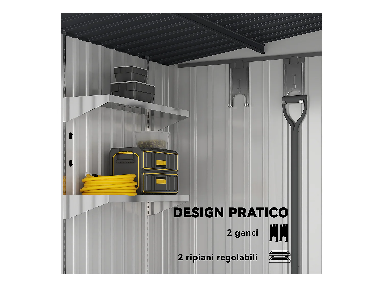 Casetta porta attrezzi in metallo con porta scorrevole bianco