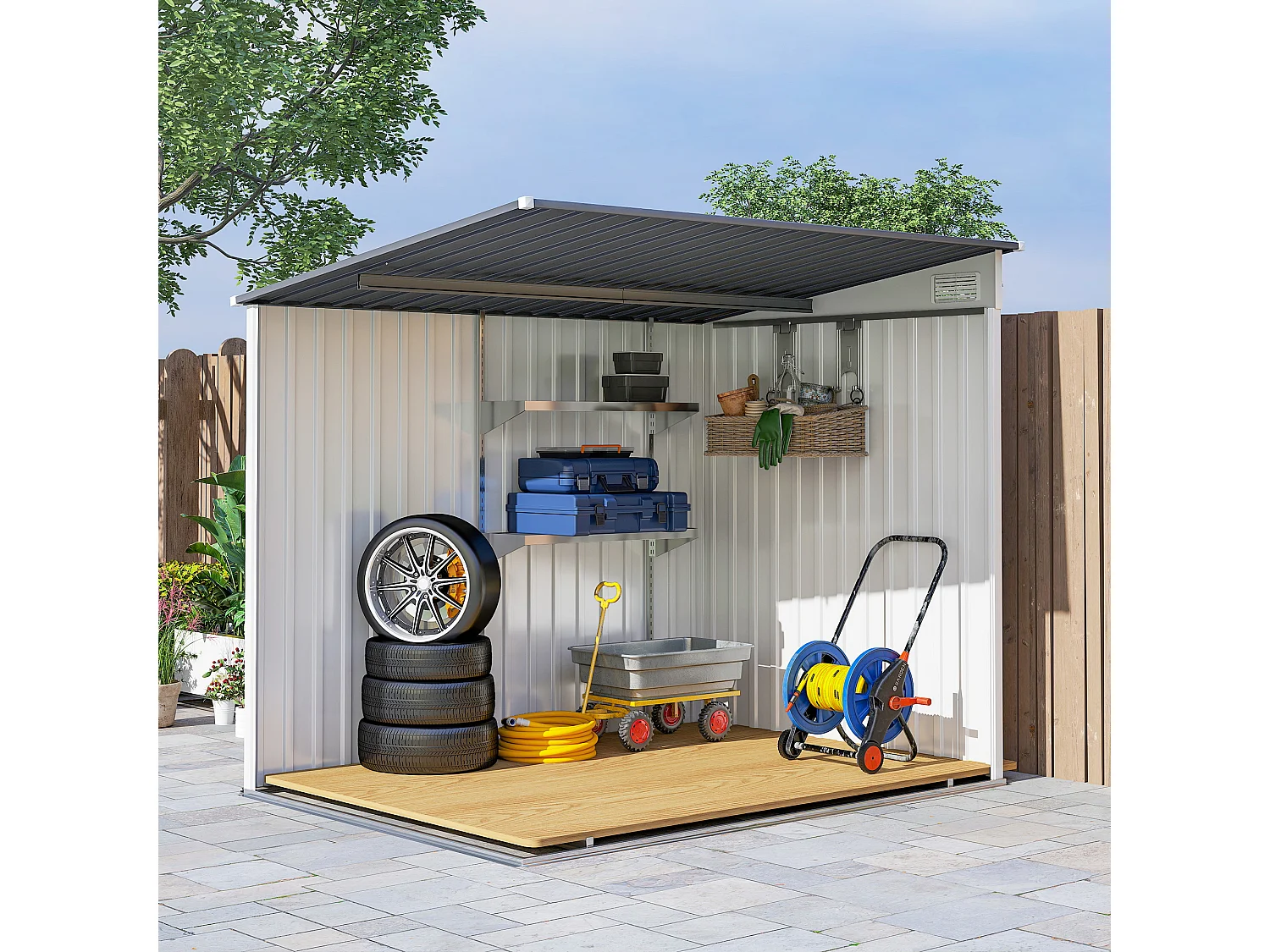 Casetta porta attrezzi in metallo con porta scorrevole bianco