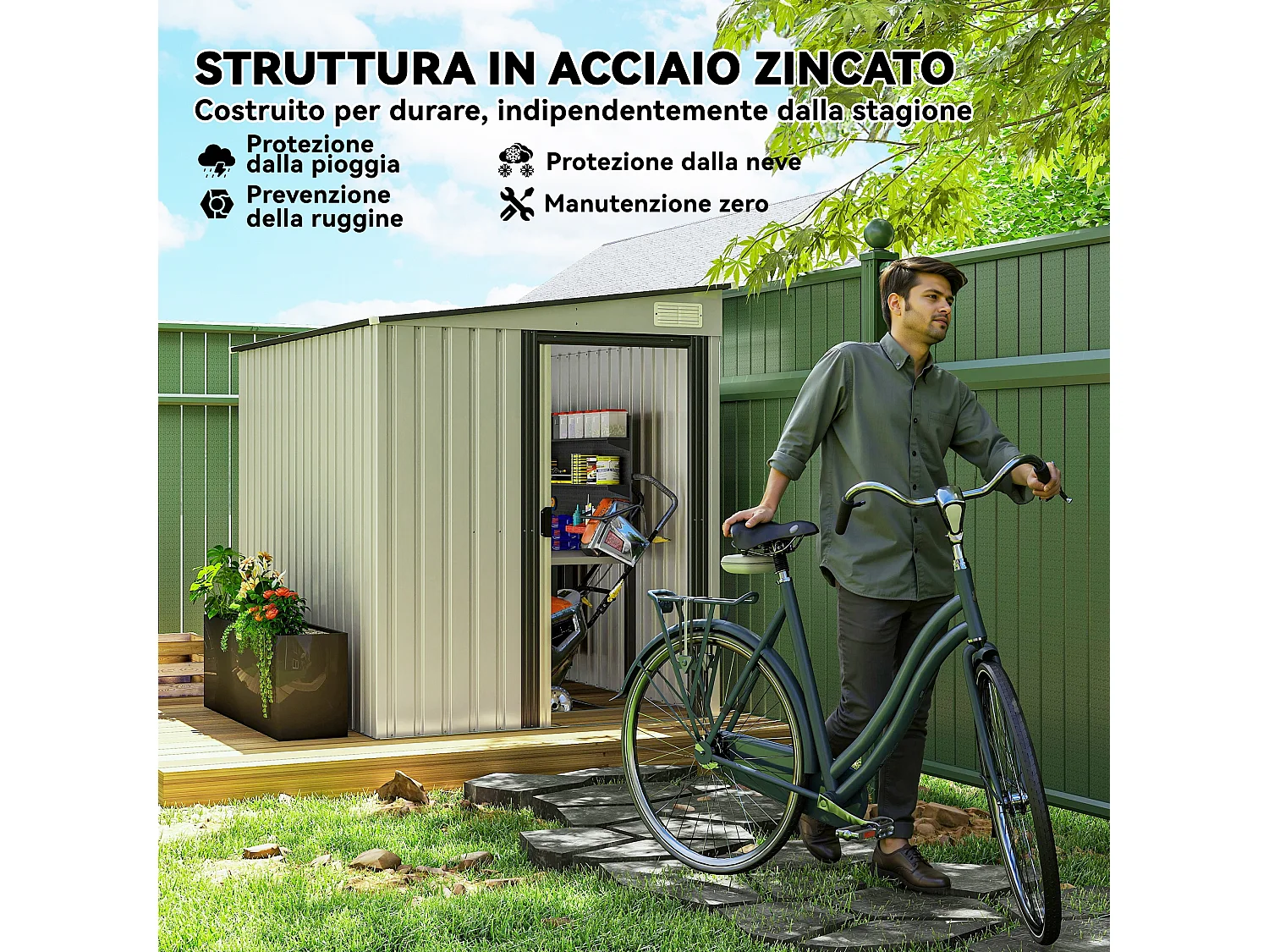 Casetta porta attrezzi in metallo con porta scorrevole bianco