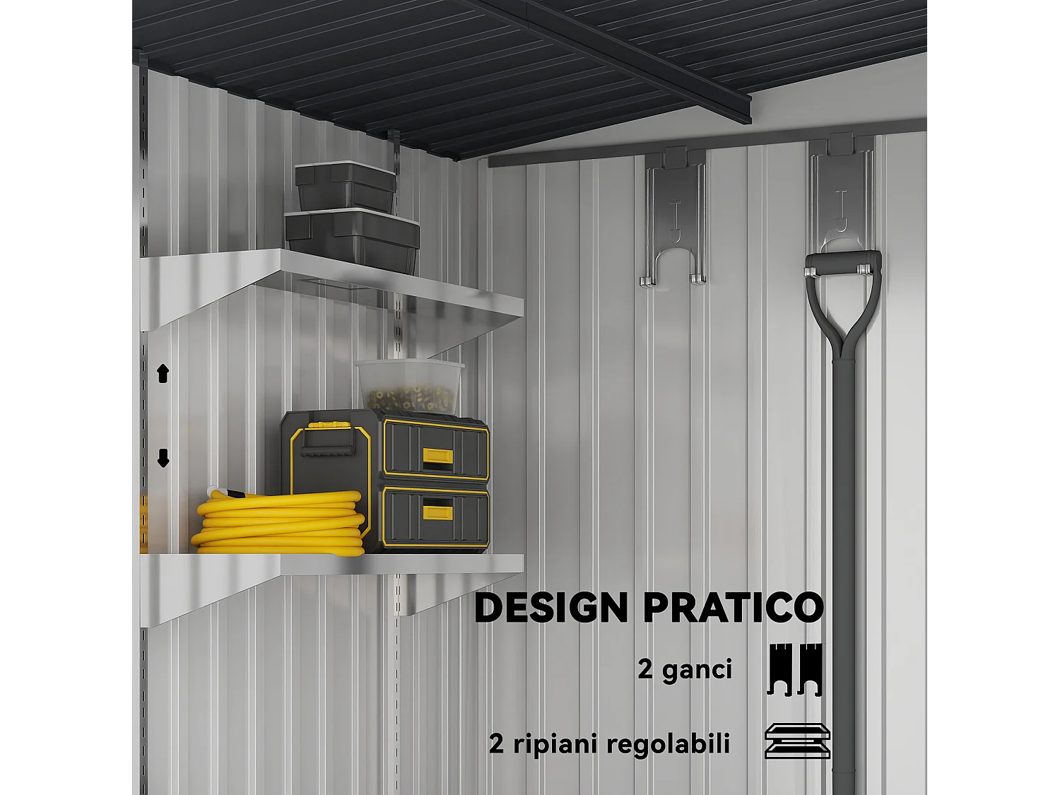 Casetta porta attrezzi in metallo con porta scorrevole bianco