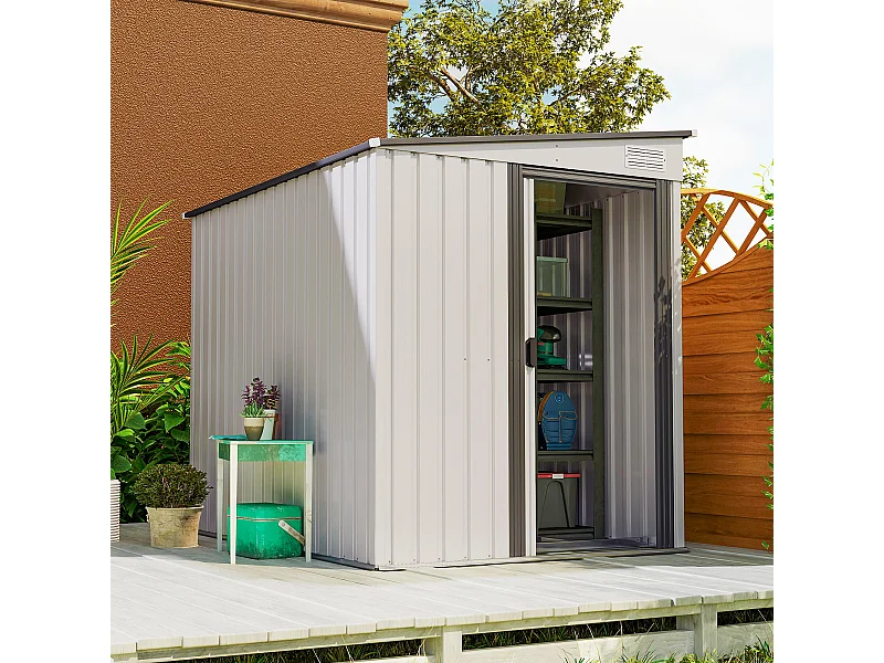 Casetta porta attrezzi in metallo con porta scorrevole bianco