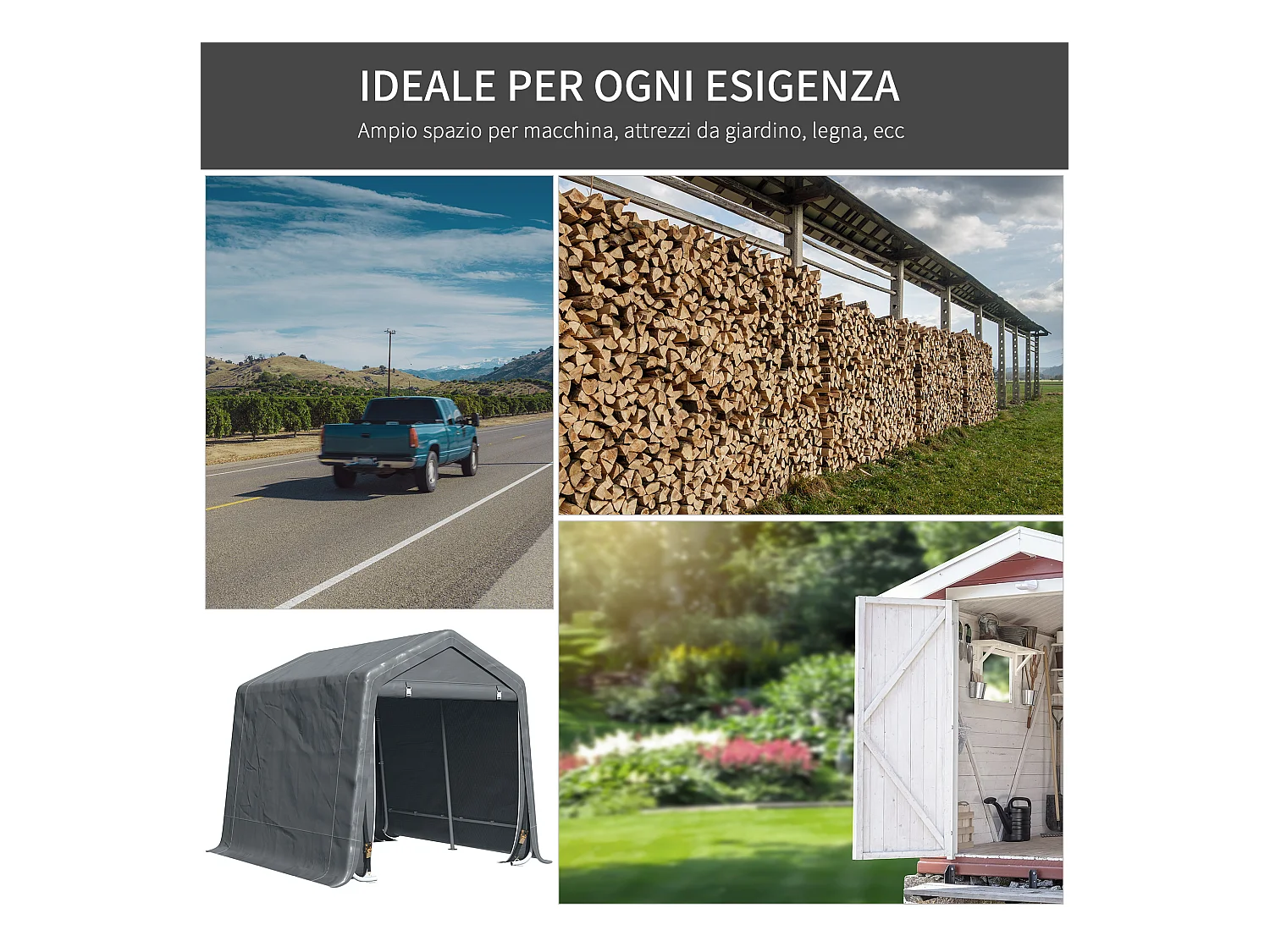 Tendone garage in metallo e tessuto pe 280x240x240cm grigio