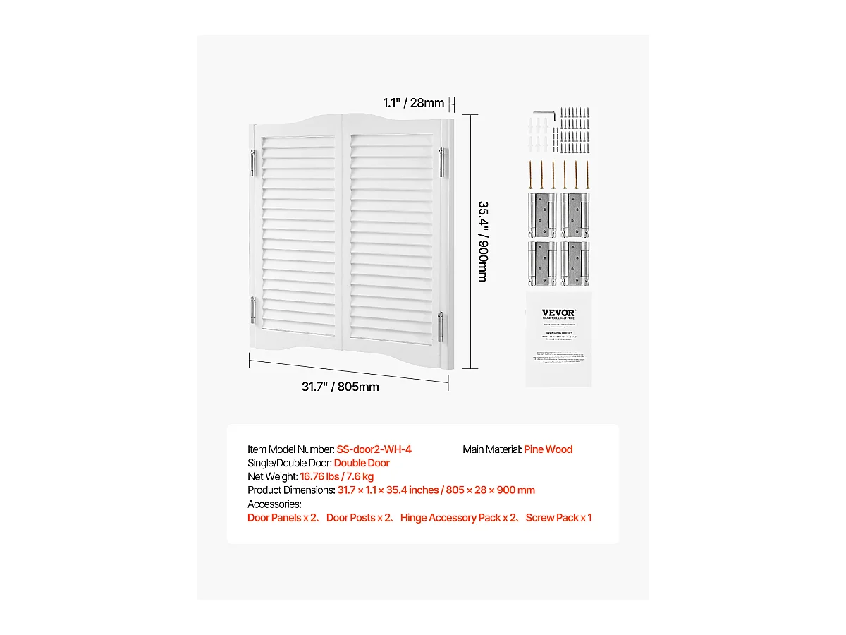 Porte Battante Double SucceBuy, 80,5x2,8x90 cm, Porte Saloon en Bois de Pin avec Charnières, Quincaillerie, Facile à Installer, Blanc