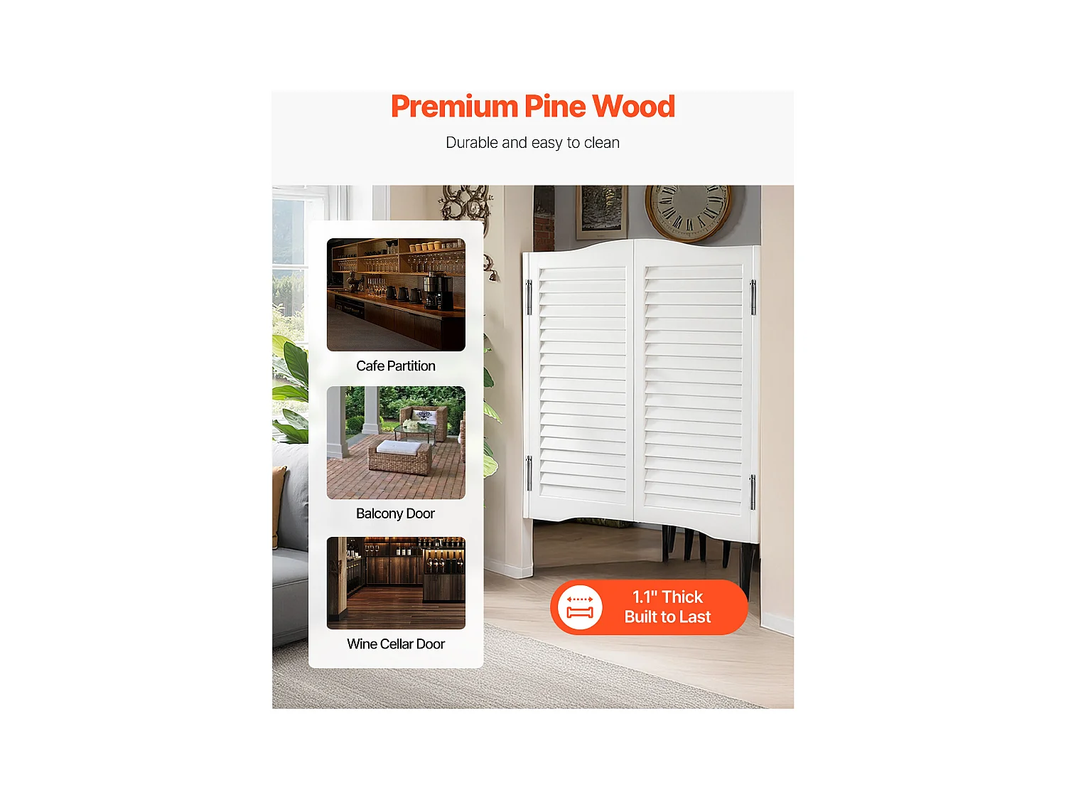 Porte Battante Double SucceBuy, 80,5x2,8x90 cm, Porte Saloon en Bois de Pin avec Charnières, Quincaillerie, Facile à Installer, Blanc