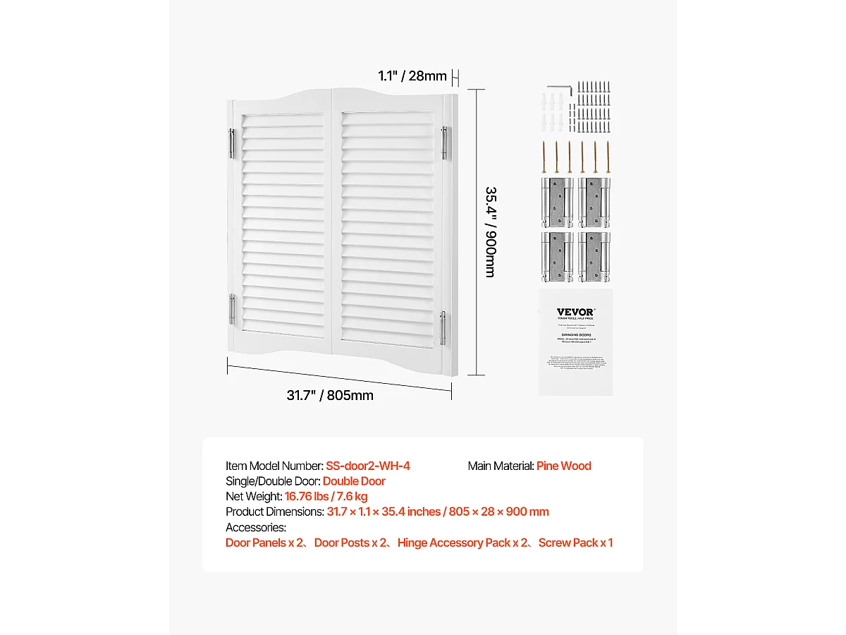 Porte Battante Double SucceBuy, 80,5x2,8x90 cm, Porte Saloon en Bois de Pin avec Charnières, Quincaillerie, Facile à Installer, Blanc