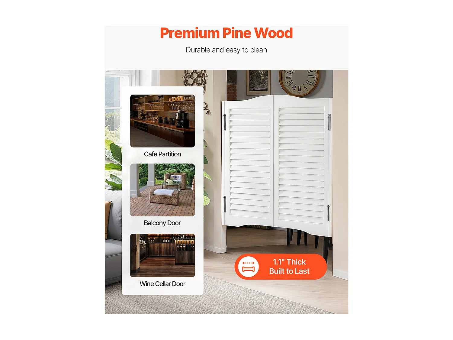 Porte Battante Double SucceBuy, 80,5x2,8x90 cm, Porte Saloon en Bois de Pin avec Charnières, Quincaillerie, Facile à Installer, Blanc