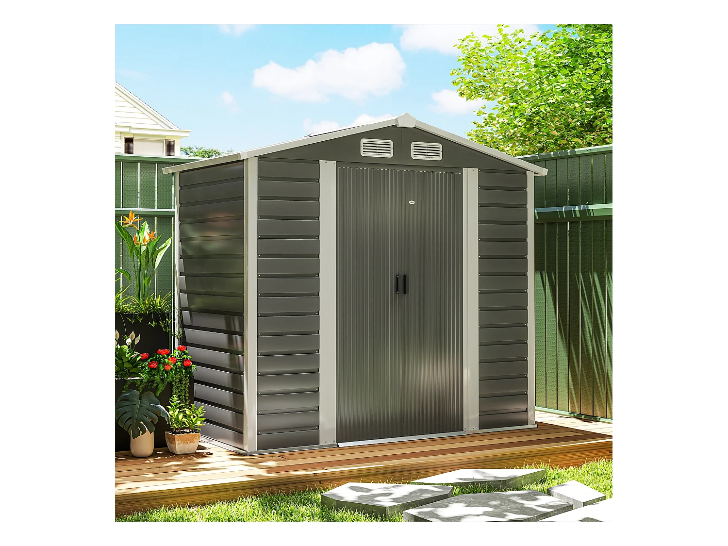 Casetta da giardino con porte scorrevoli e lucchetto in metallo grigio