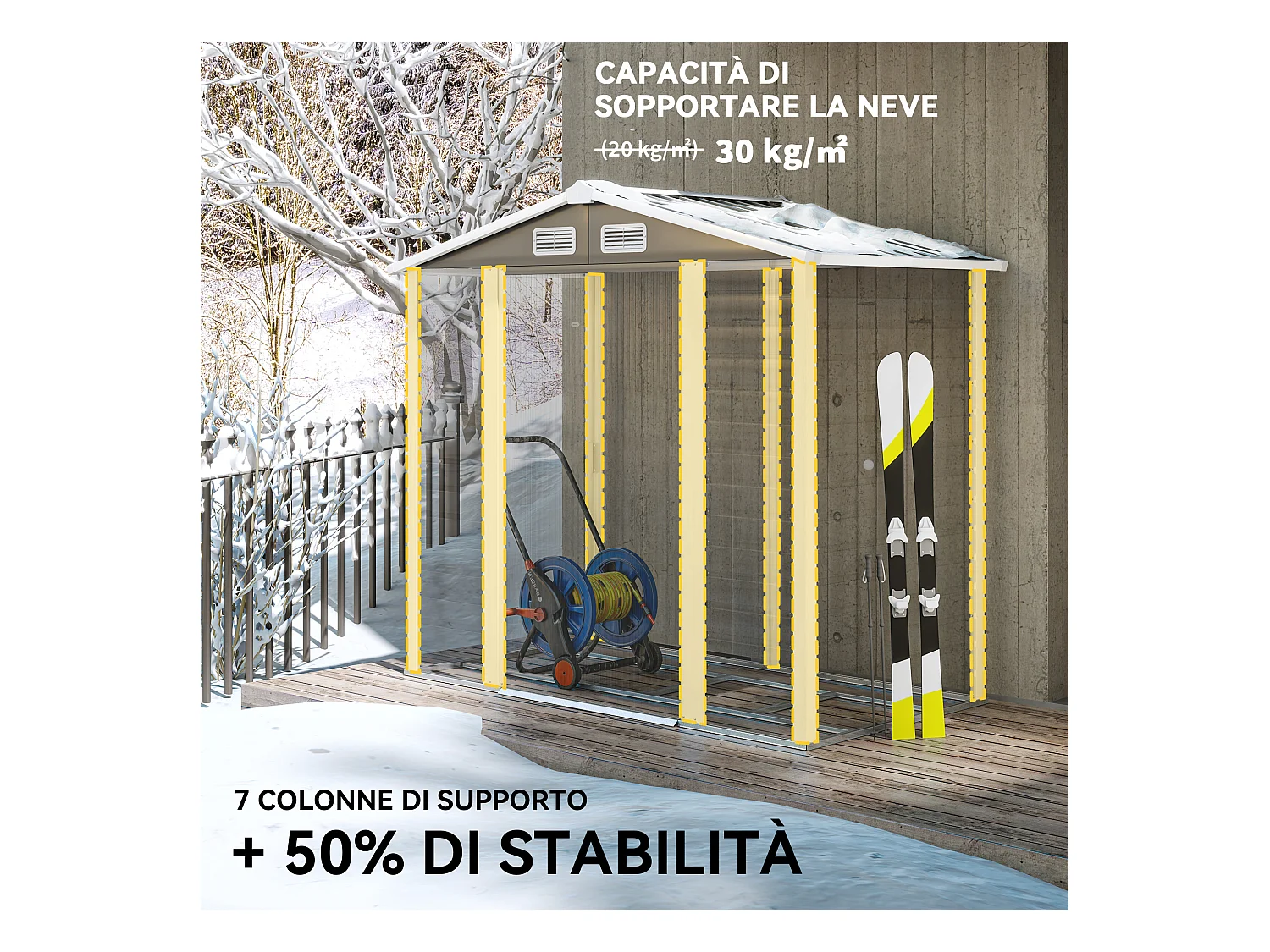 Casetta da giardino con porte scorrevoli e lucchetto in metallo grigio