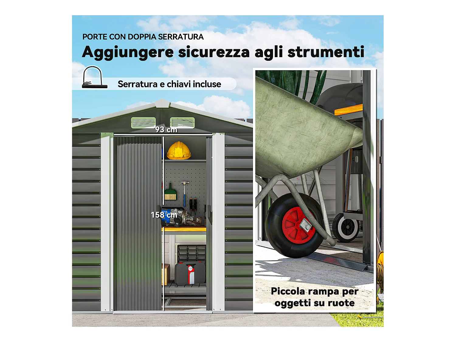 Casetta da giardino con porte scorrevoli e lucchetto in metallo grigio