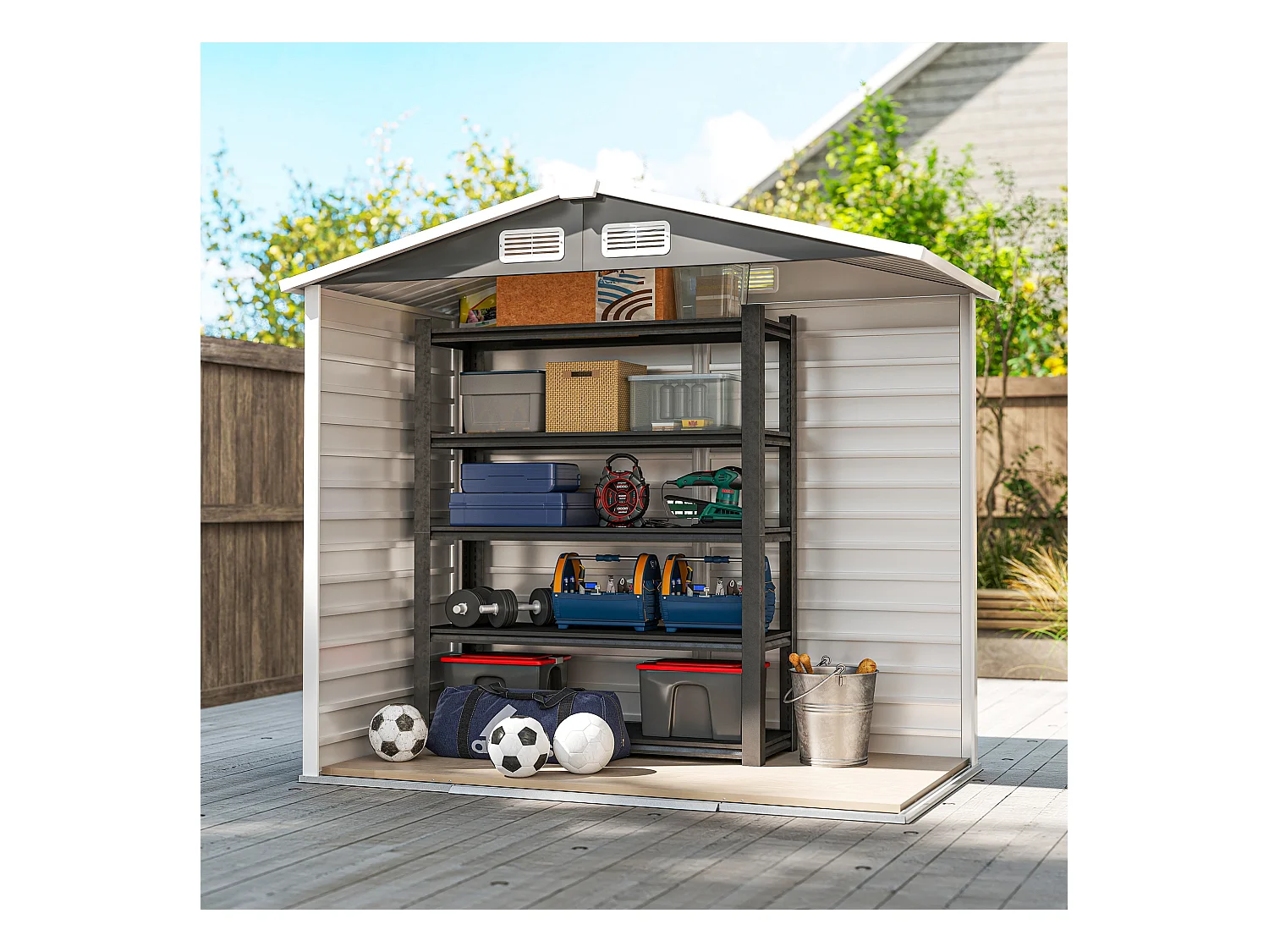Casetta da giardino con porte scorrevoli e lucchetto in metallo grigio