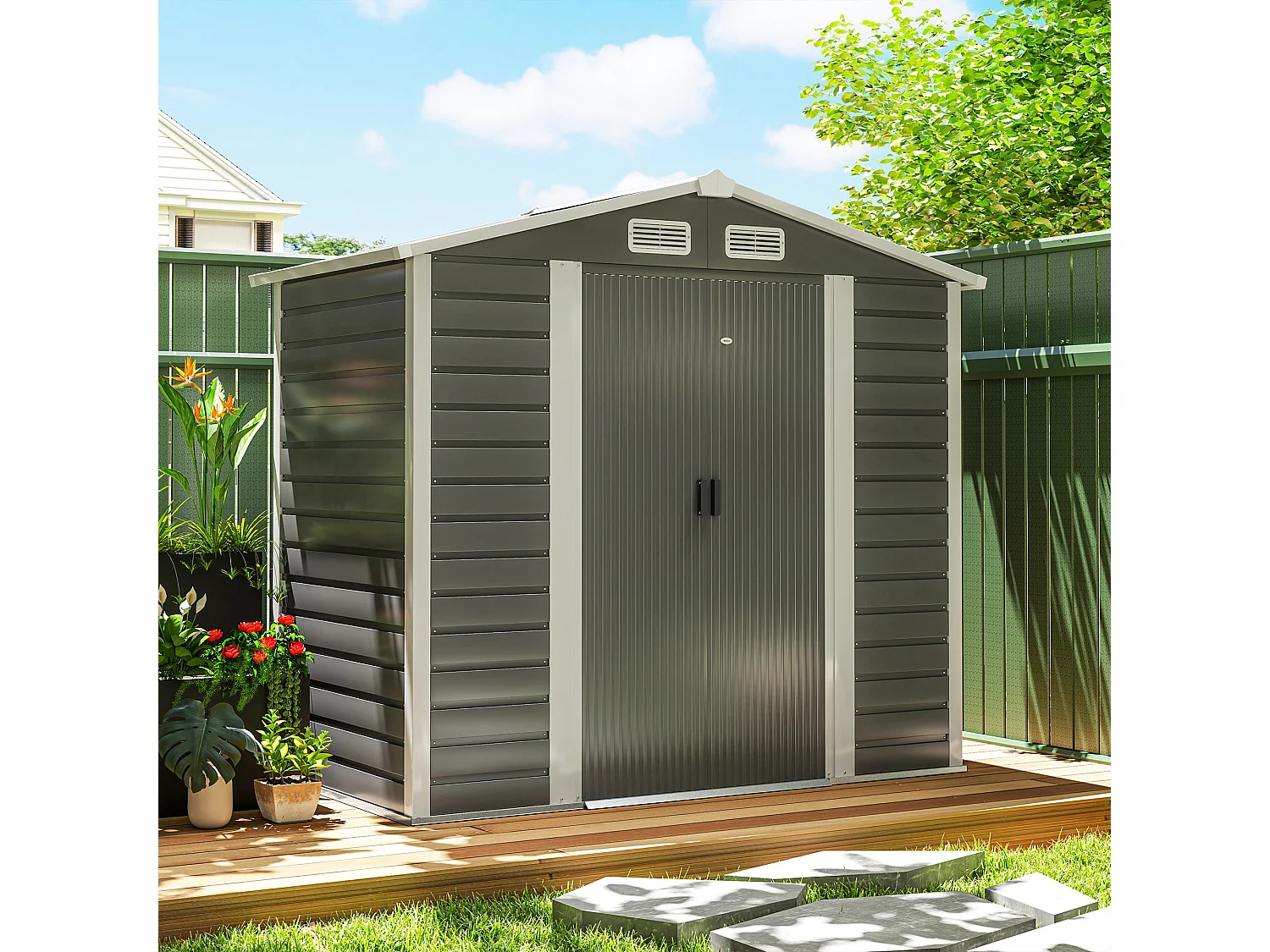 Casetta da giardino con porte scorrevoli e lucchetto in metallo grigio