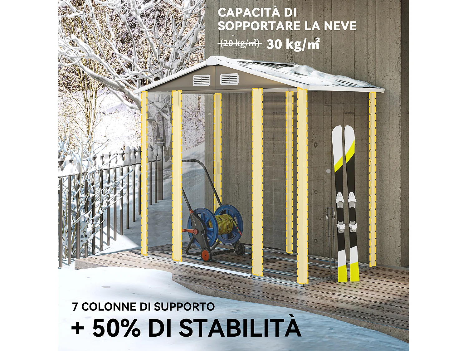 Casetta da giardino con porte scorrevoli e lucchetto in metallo grigio