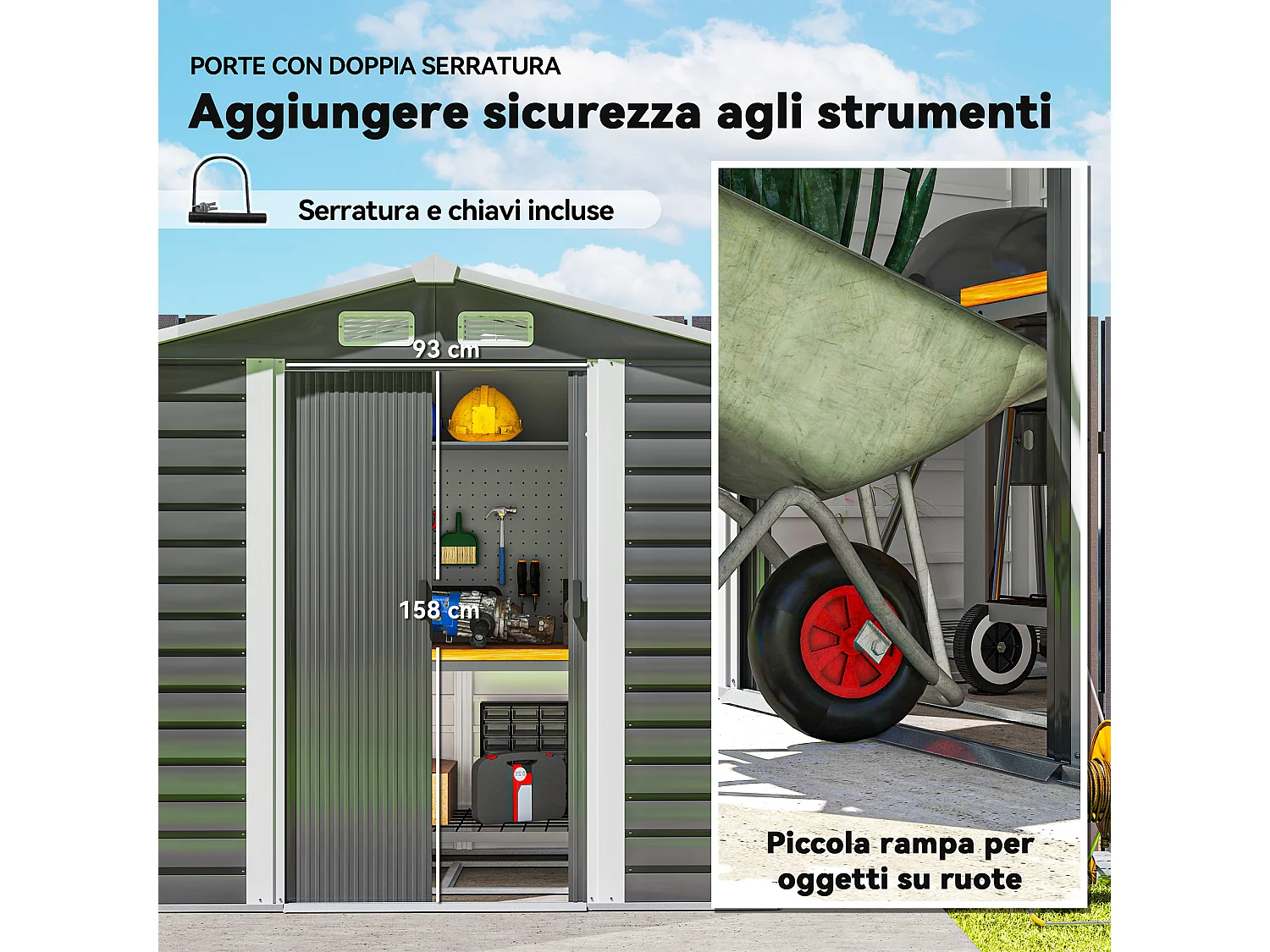 Casetta da giardino con porte scorrevoli e lucchetto in metallo grigio