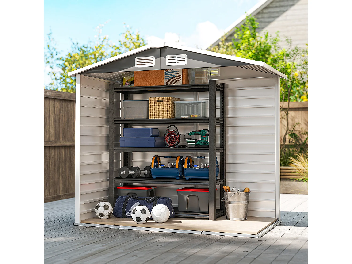 Casetta da giardino con porte scorrevoli e lucchetto in metallo grigio