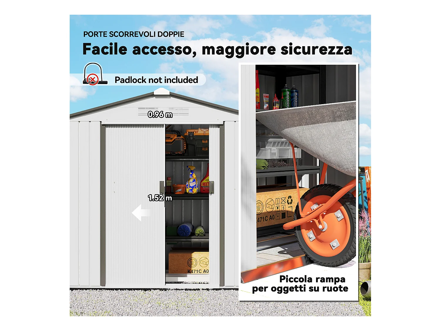 Capanno casetta da giardino in metallo porta utensili 2 porte