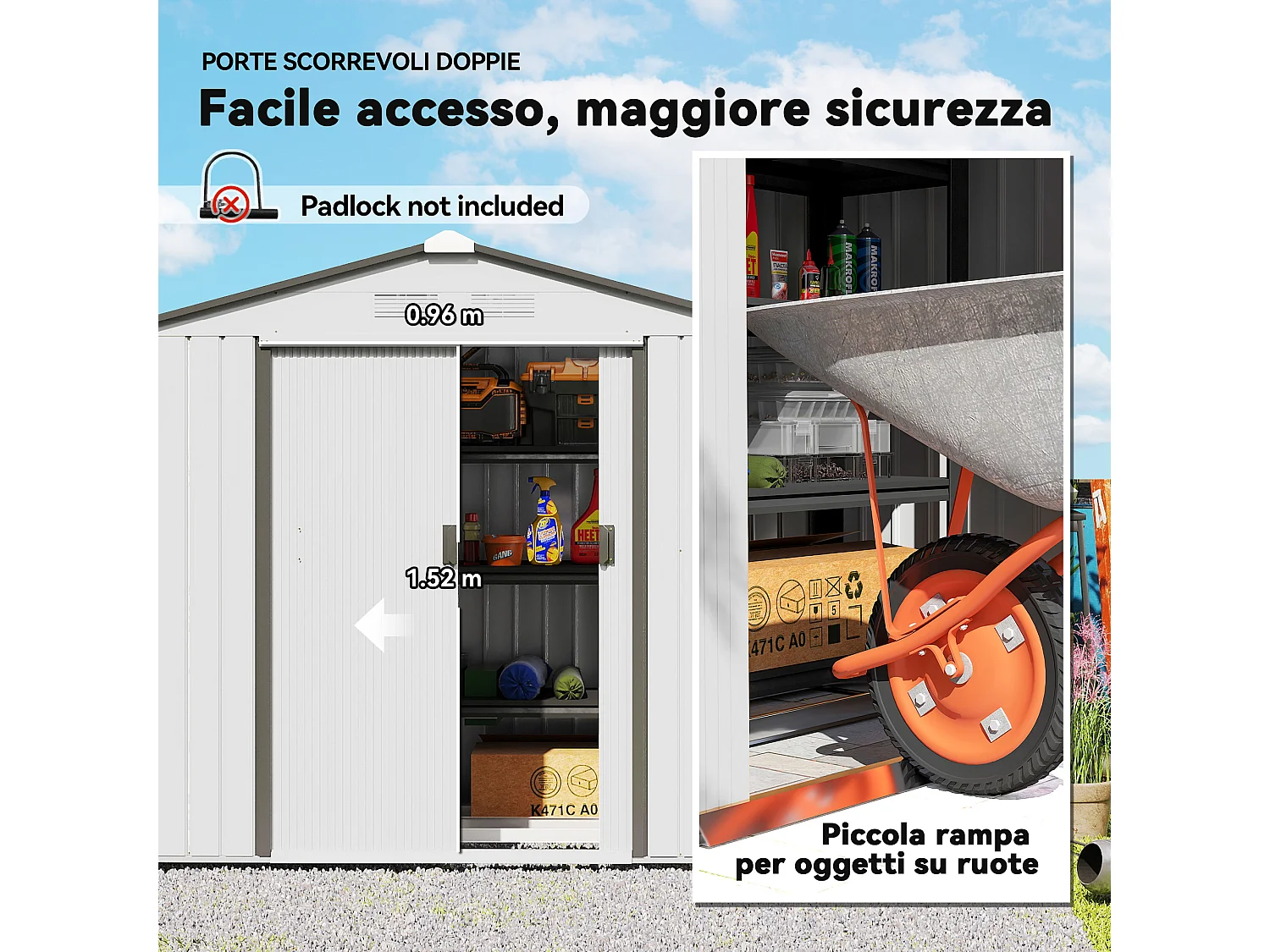 Capanno casetta da giardino in metallo porta utensili 2 porte