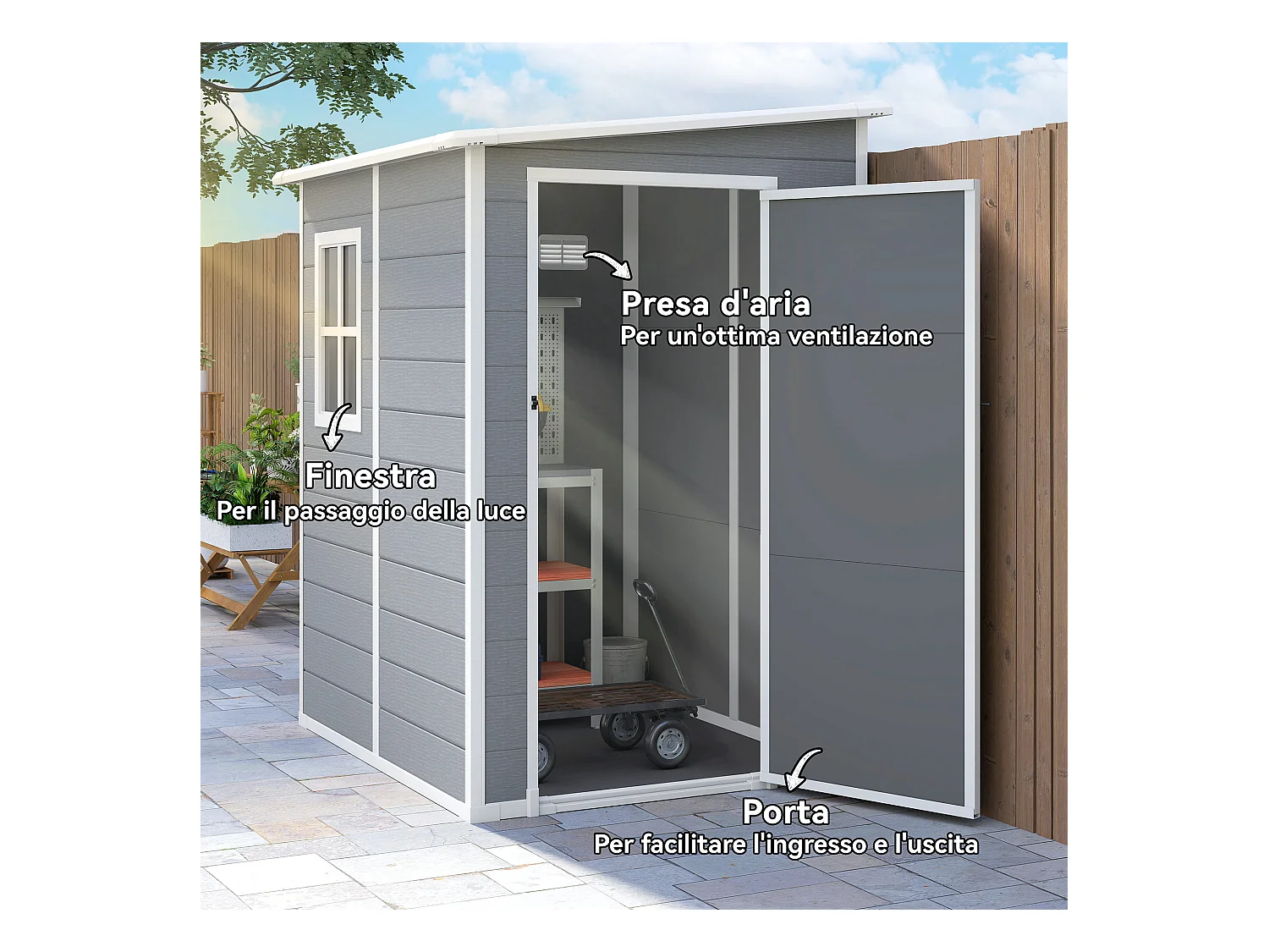 Casetta giardino con finestra e doppia porta in alluminio pp grigio