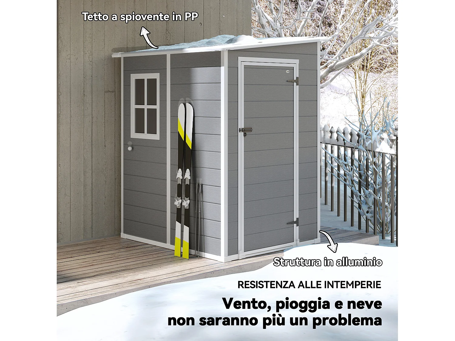 Casetta giardino con finestra e doppia porta in alluminio pp grigio