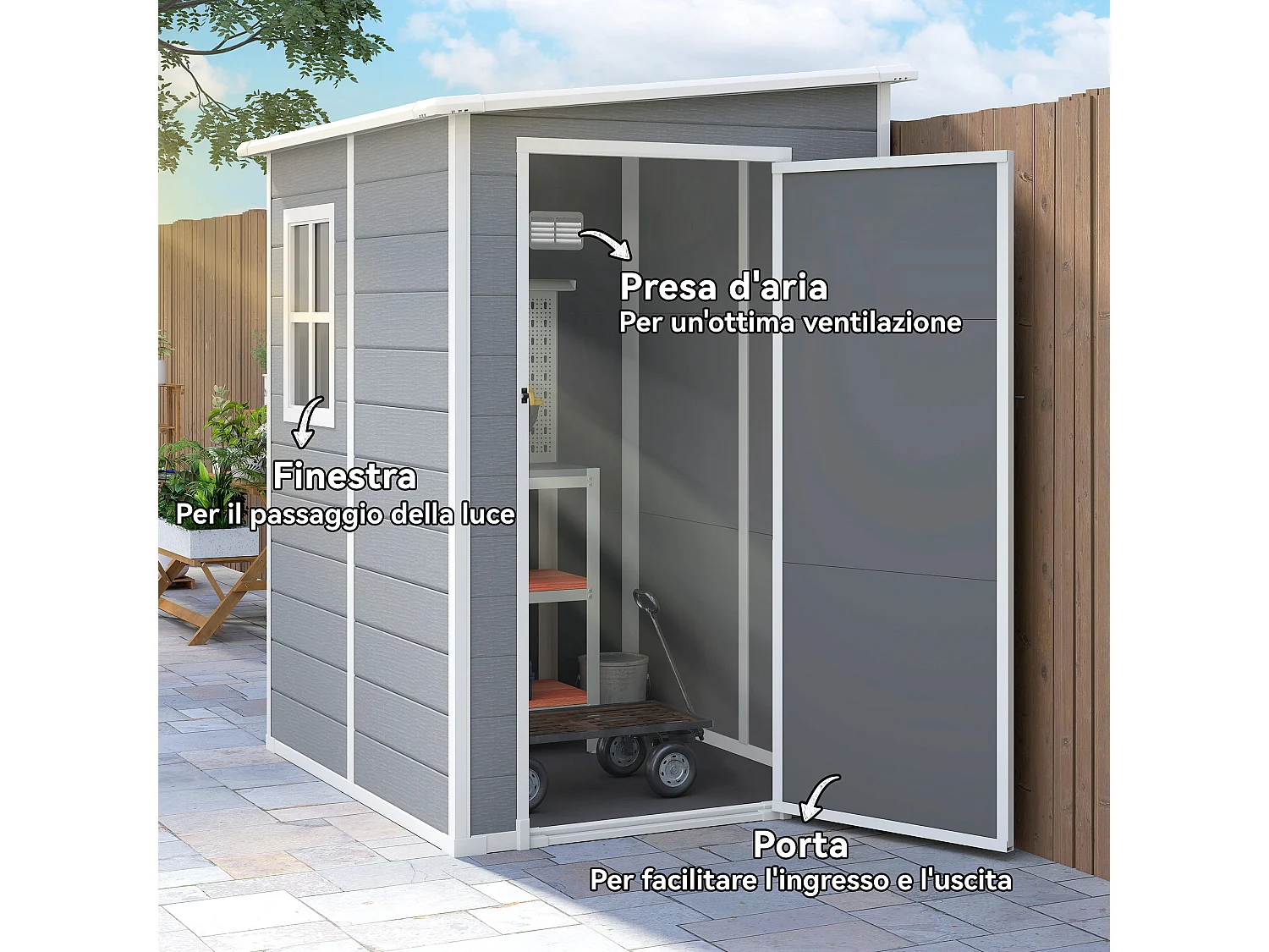 Casetta giardino con finestra e doppia porta in alluminio pp grigio