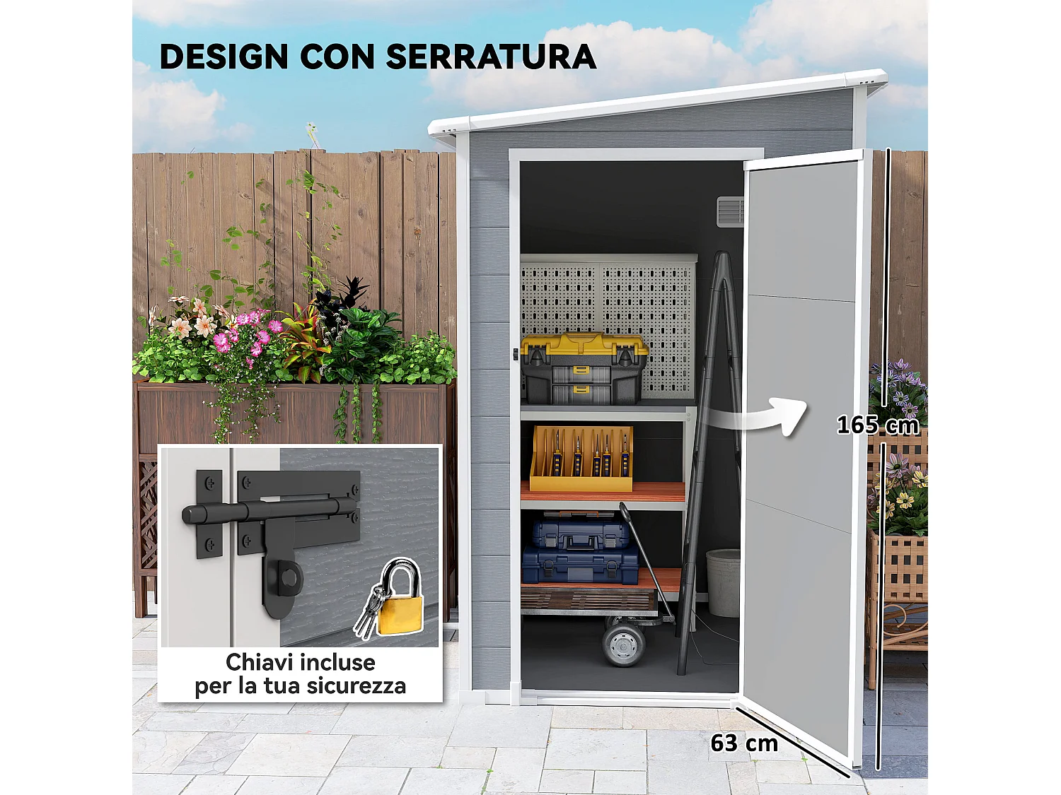 Casetta giardino con finestra e doppia porta in alluminio pp grigio