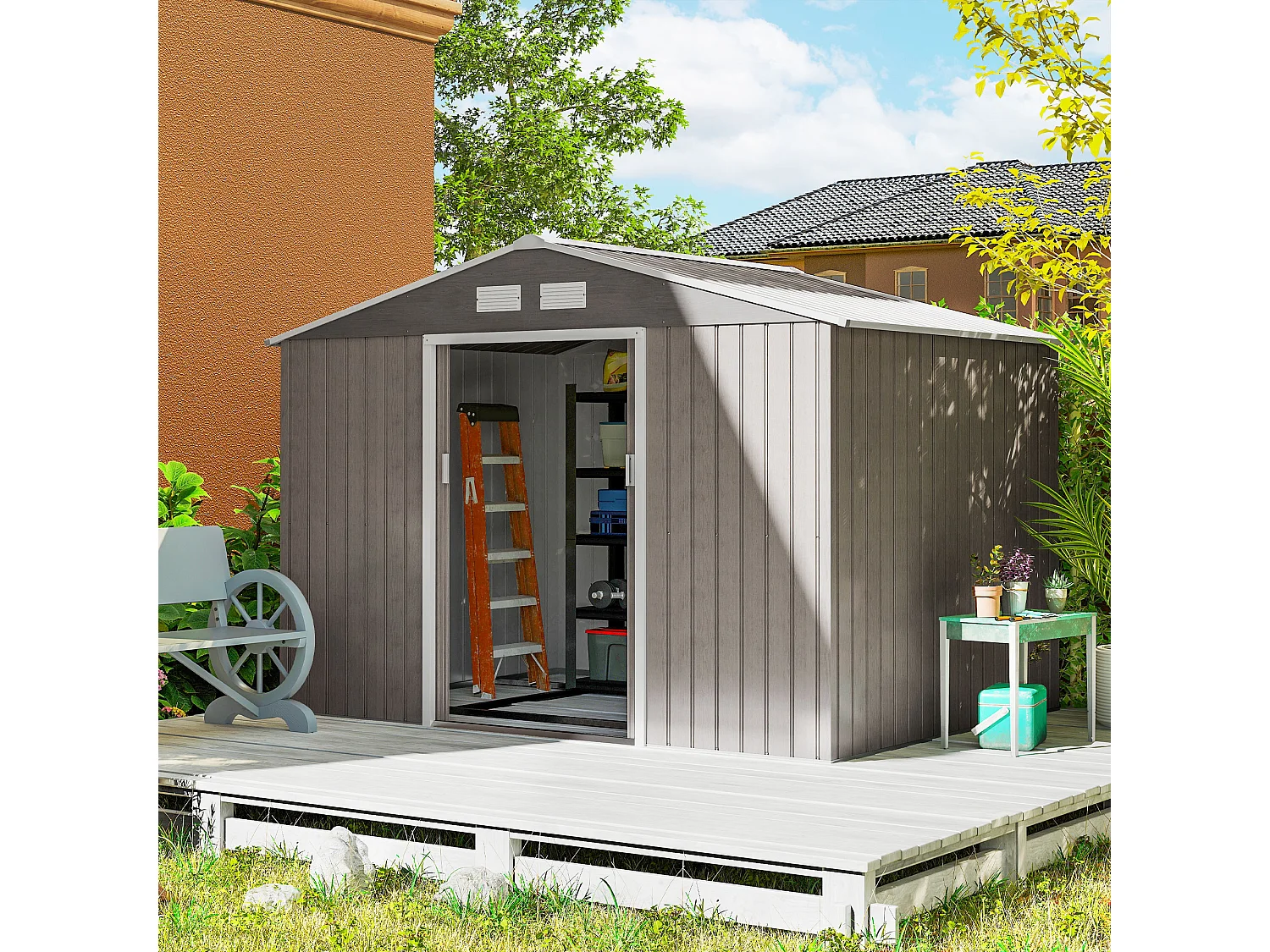 Casetta da giardino in acciaio con 2 porte scorrevoli marrone chiaro