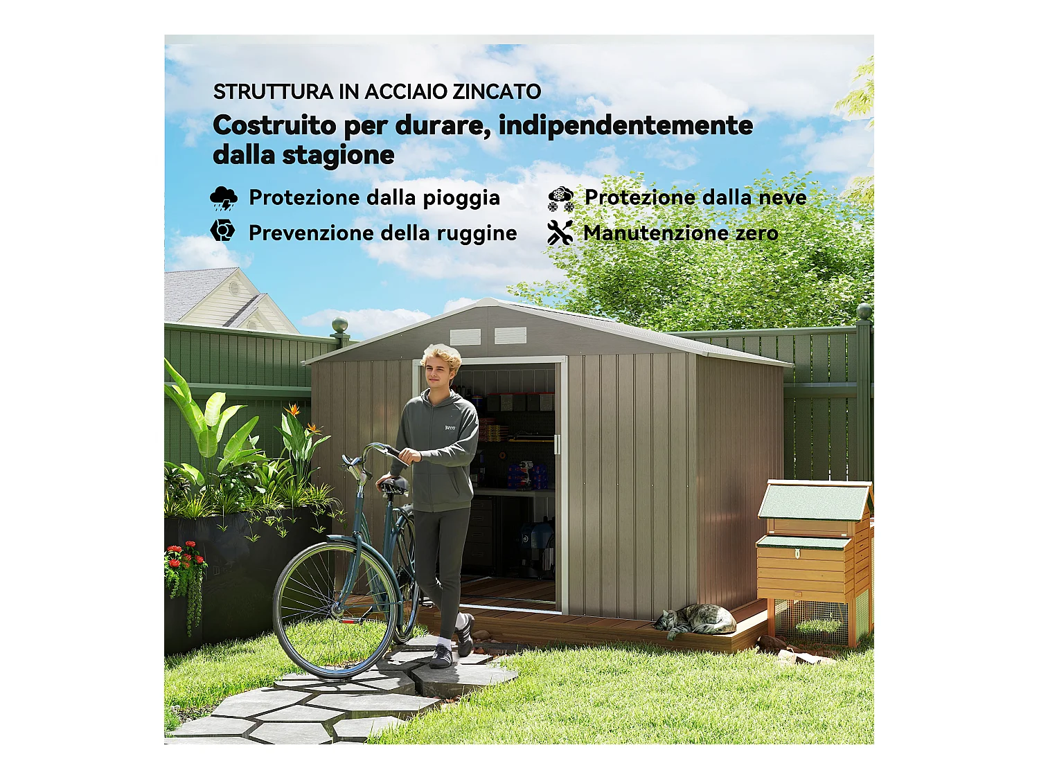 Casetta da giardino in acciaio con 2 porte scorrevoli marrone chiaro