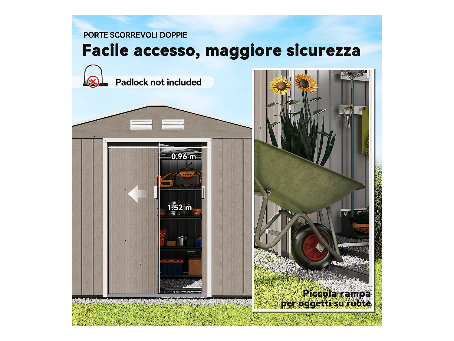 Casetta da giardino in acciaio con 2 porte scorrevoli marrone chiaro