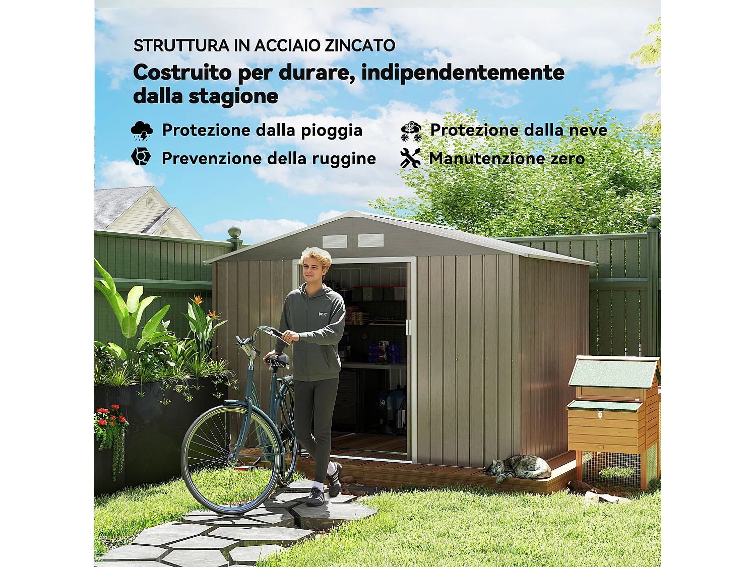 Casetta da giardino in acciaio con 2 porte scorrevoli marrone chiaro