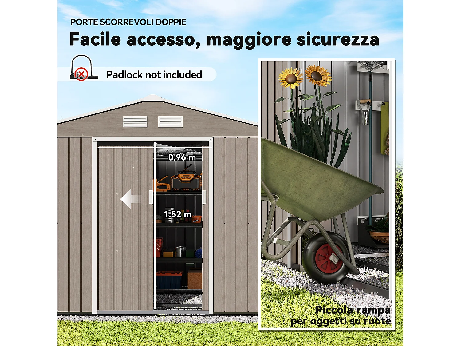 Casetta da giardino in acciaio con 2 porte scorrevoli marrone chiaro