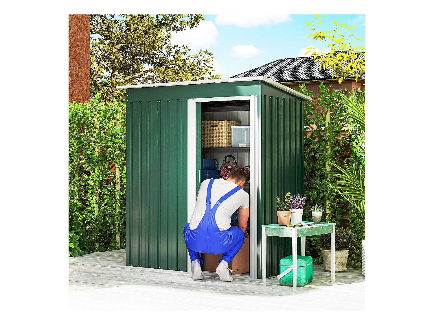 Capanno attrezzi con tetto inclinato e porta scorrevole acciaio verde