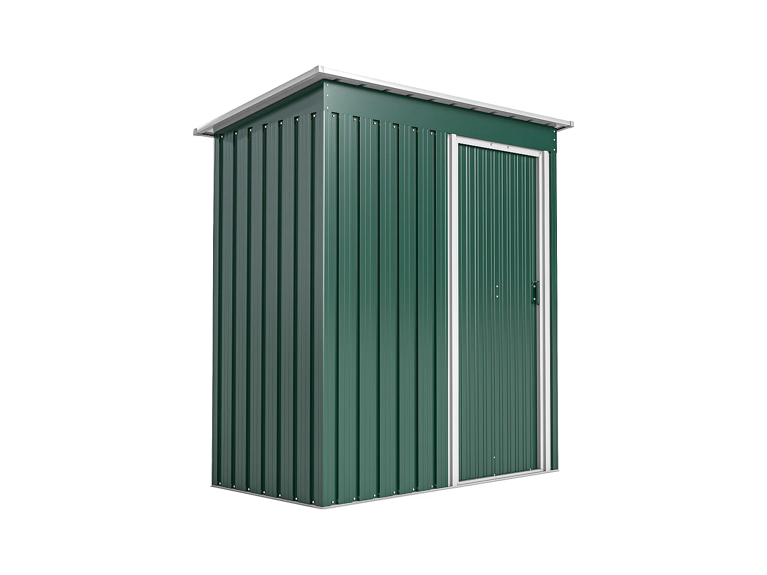 Capanno attrezzi con tetto inclinato e porta scorrevole acciaio verde